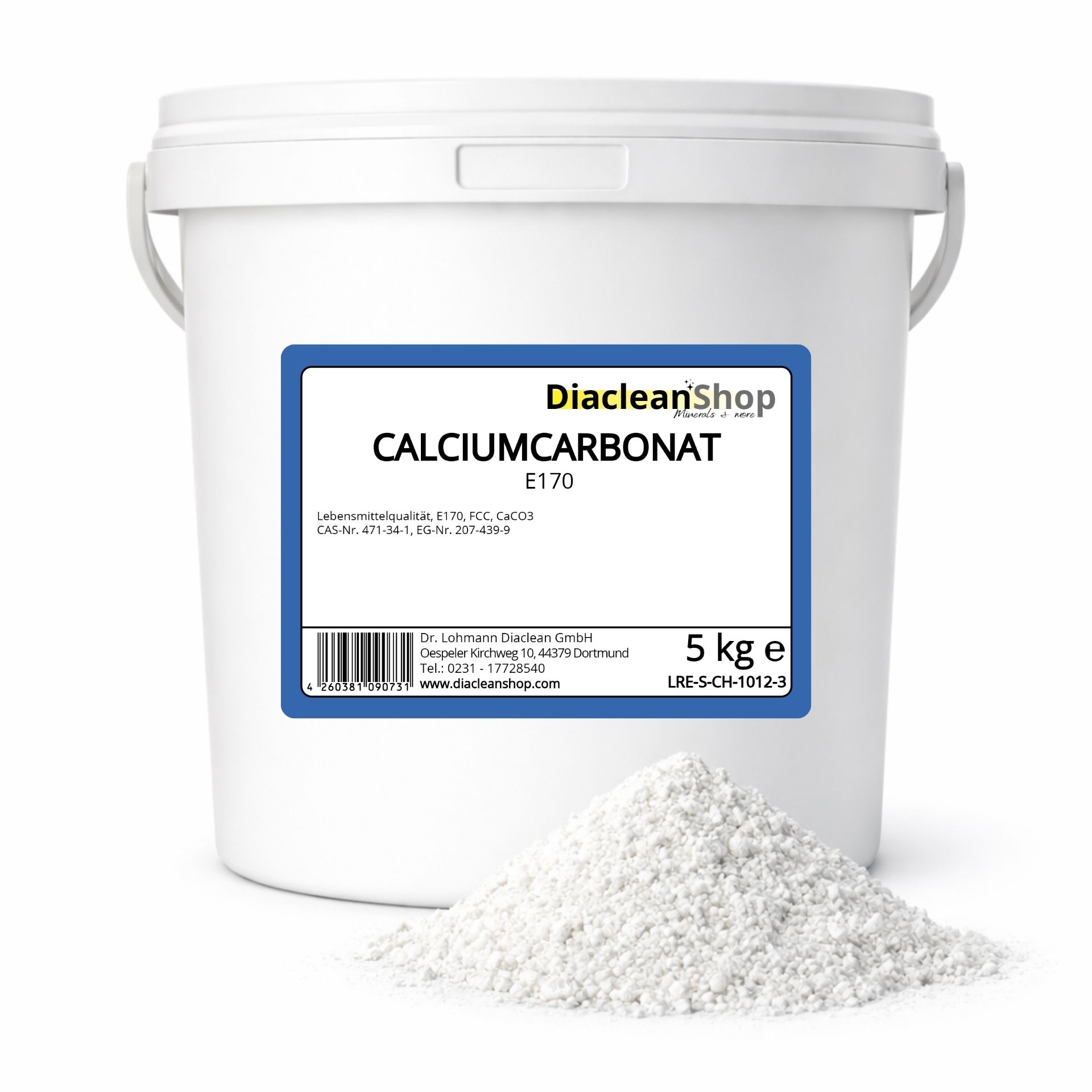 Weisser Eimer mit Etikett Diacleanshop Calciumcarbonat 5kg Lebensmittelqualitaet
