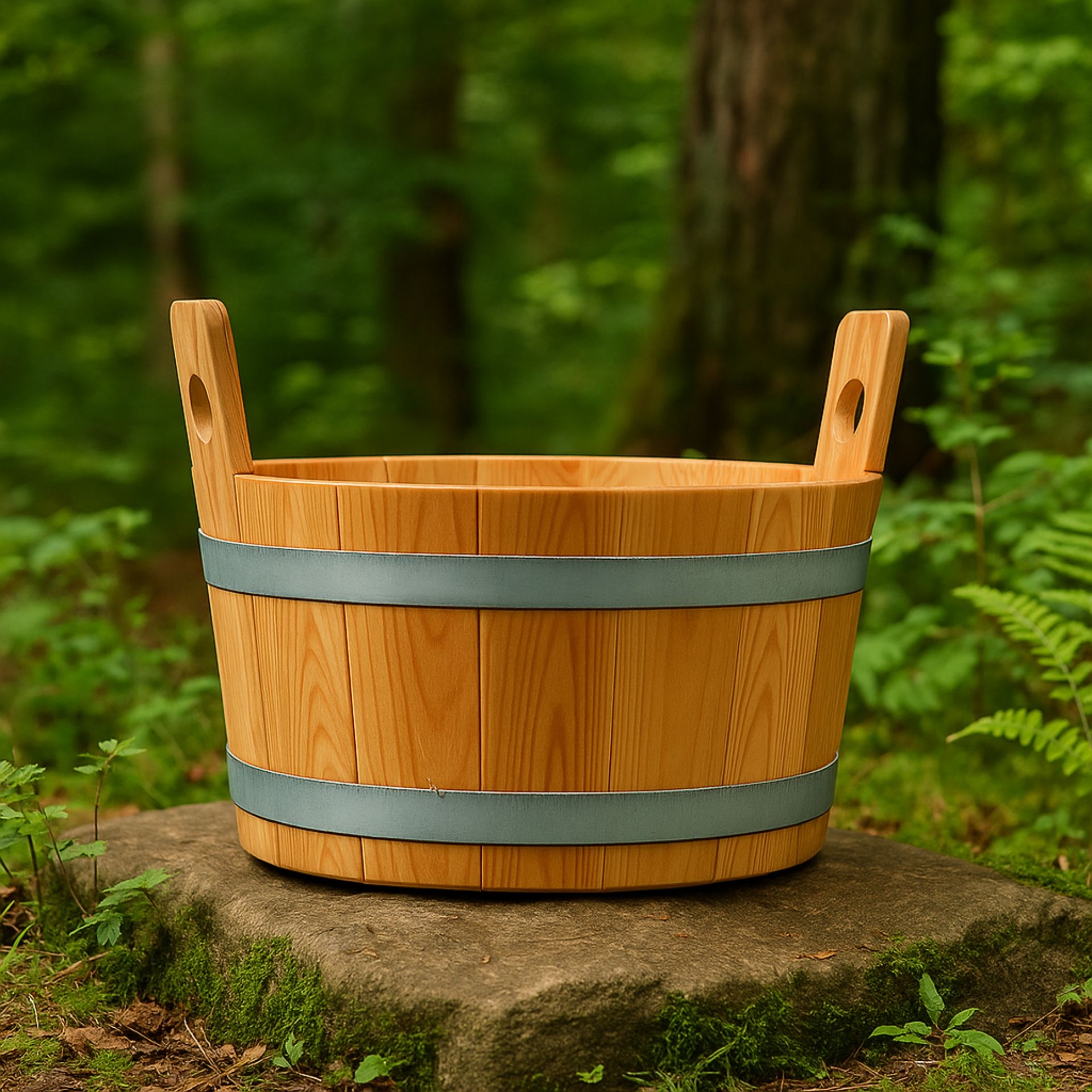 Fussbadewanne aus Laerchenholz mit silbernen Metallreifen_ auf einem Stein platziert inmitten gruener Natur im Wald