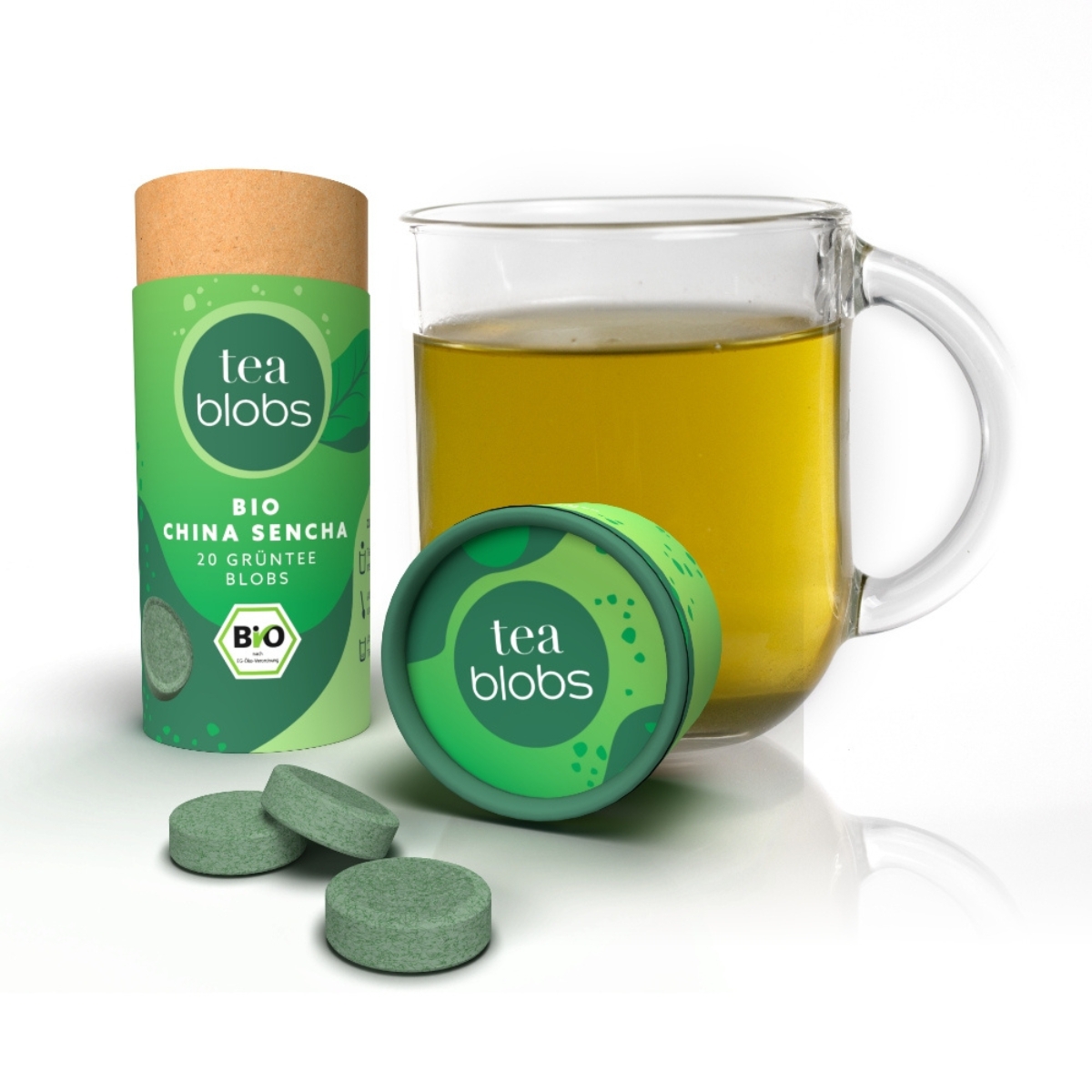 Bio China Sencha Teablobs mit Glas gruenem Tee und Teablobs-Deckel