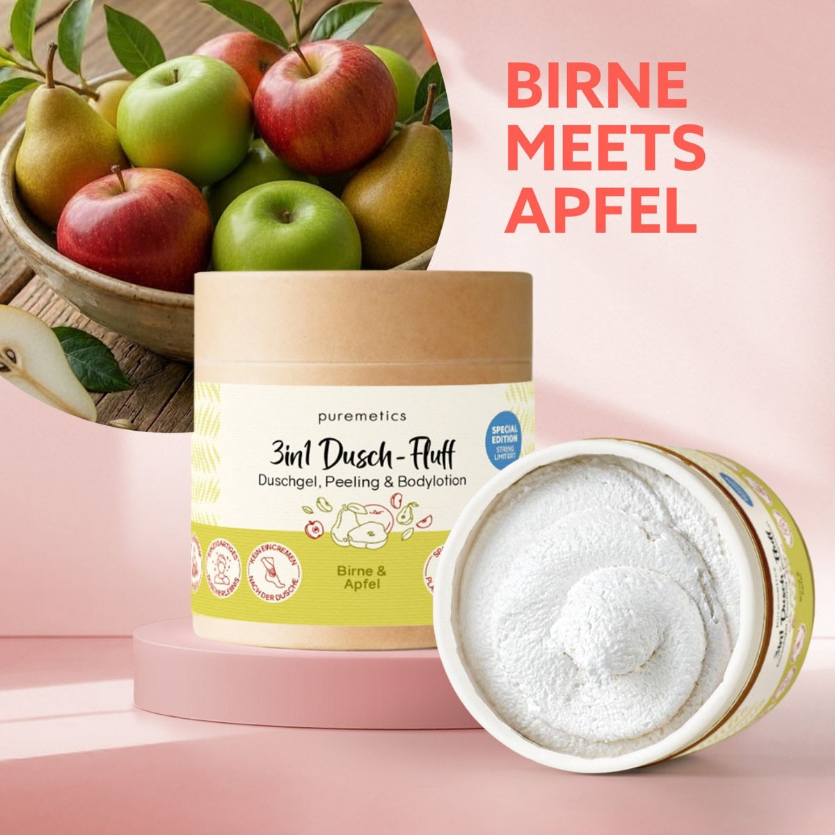 Geoeffneter Dusch-Fluff Birne und Apfel mit cremiger Textur im Badezimmer