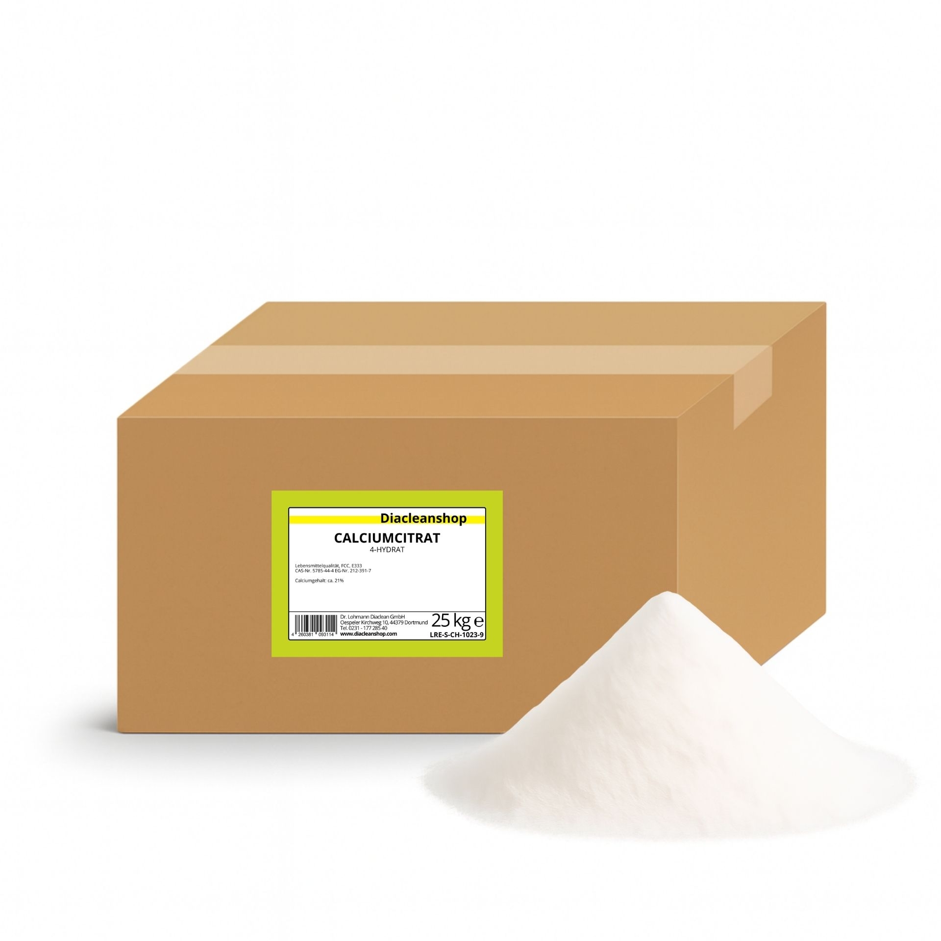 Brauner Karton mit Etikett „Calciumcitrat 25 kg“ vom Diacleanshop_ daneben ein weisser Pulverhaufen auf weissem Hintergrund