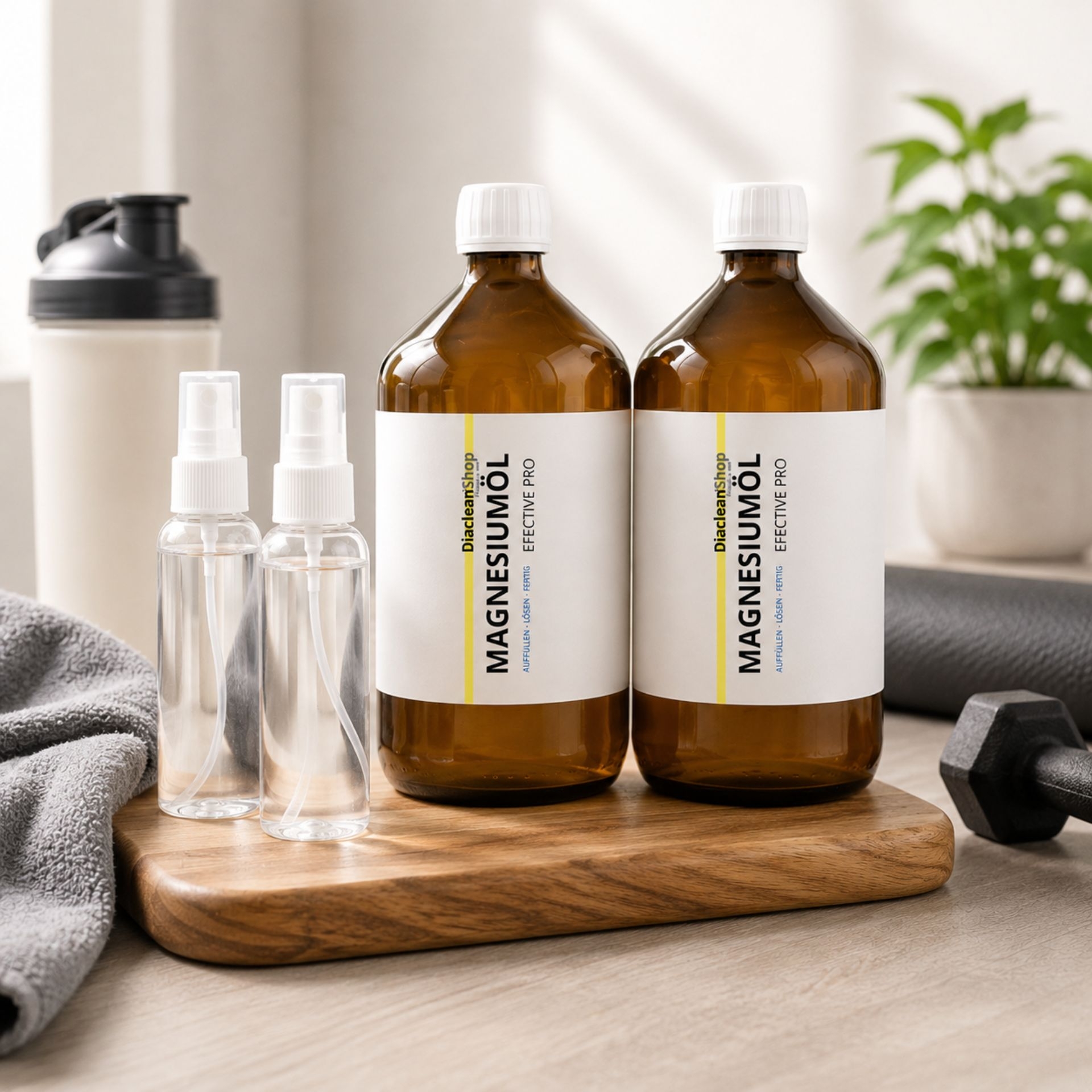 Magnesiumoel SparSet mit zwei Flaschen und Spruehflaschen in moderner Wellness-Umgebung