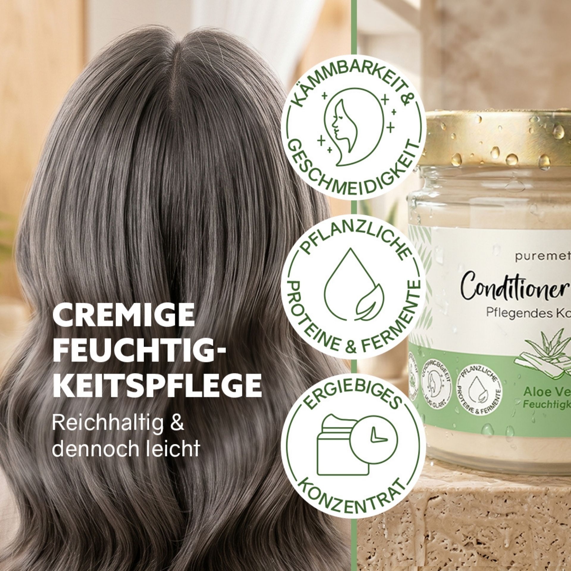Glaenzendes gepflegtes Haar neben Aloe Vera Conditioner-Cream mit Pflegehinweisen