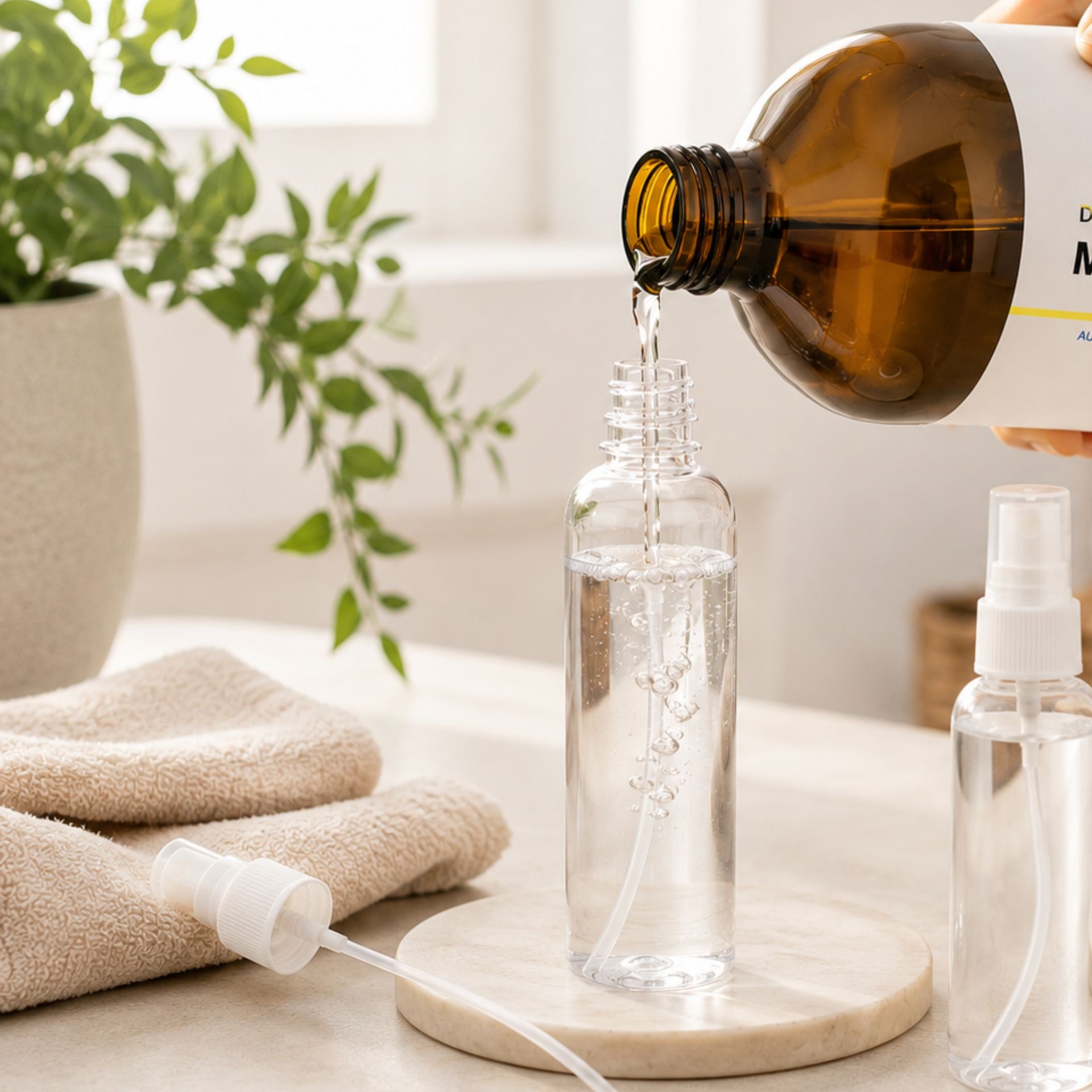 Magnesiumoel wird aus grosser Flasche in eine kleine Spruehflasche umgefuellt