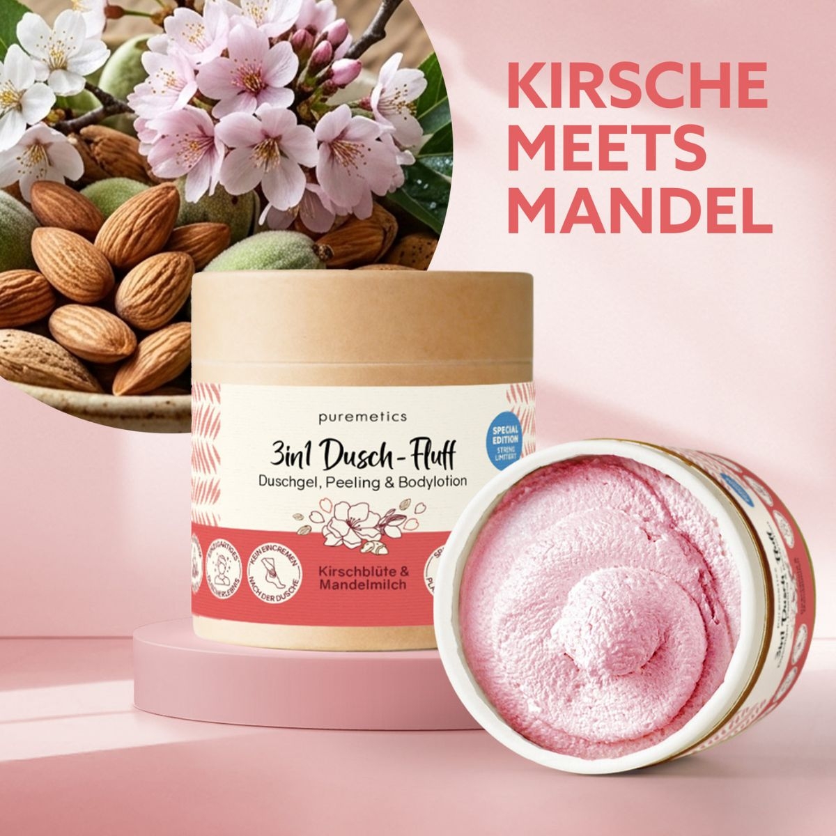 Geoeffneter Dusch-Fluff Kirschbluete und Mandelmilch mit cremiger rosa Textur