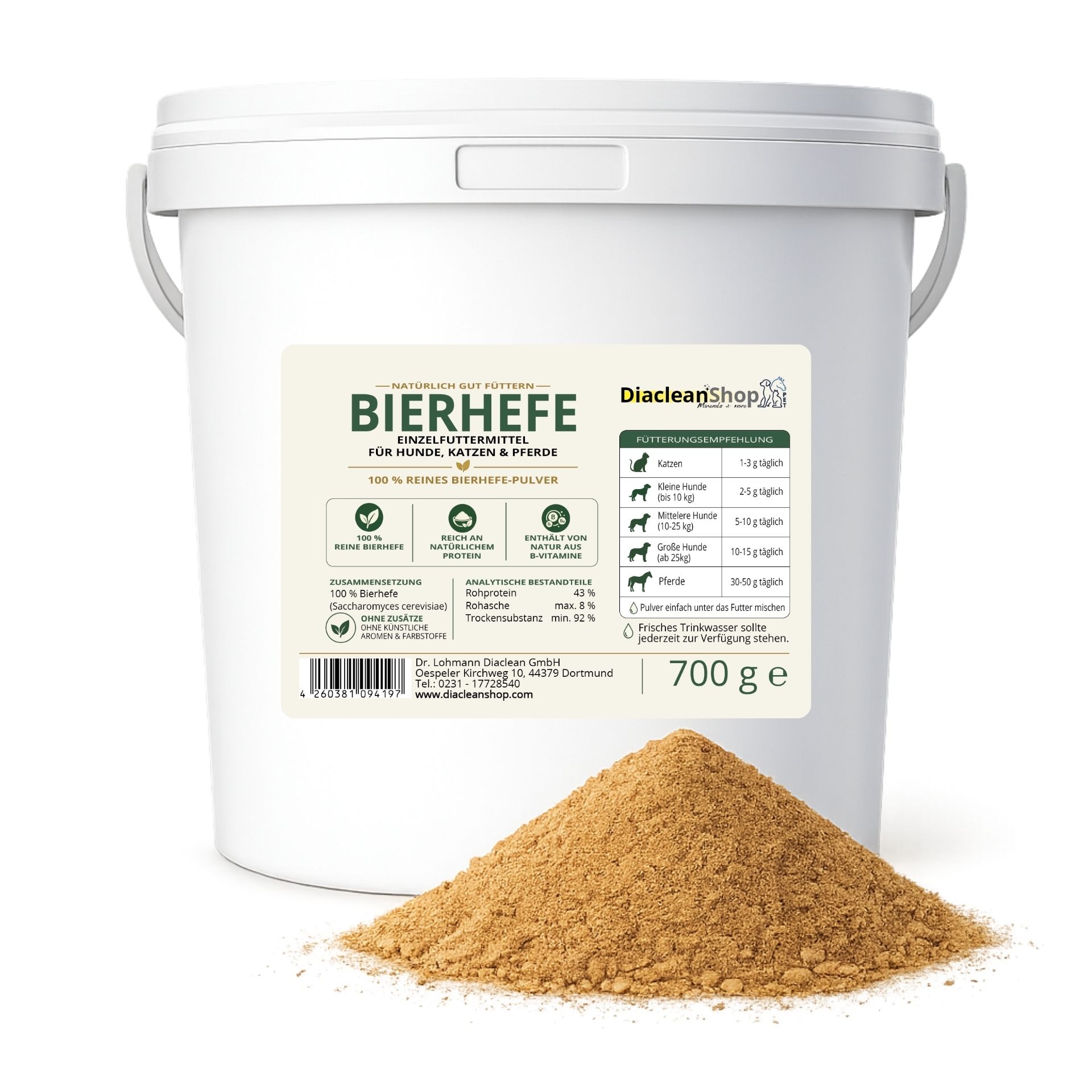 Bierhefe 700g im weissen Eimer mit Bierhefe-Pulver davor – Einzelfuttermittel fuer Hunde_ Katzen und Pferde