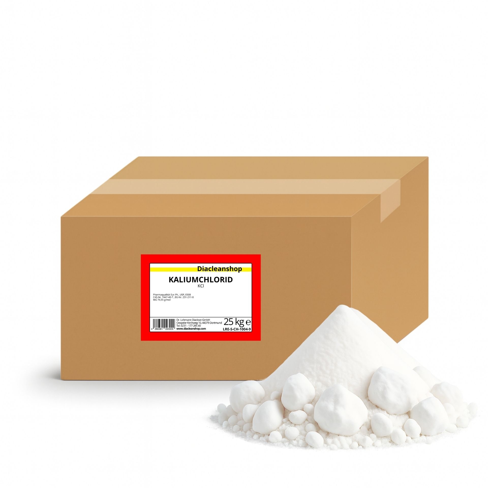 Brauner Karton mit Etikett „Kaliumchlorid 25 kg“ vom Diacleanshop_ daneben ein weisser Kristallhaufen mit groben Brocken