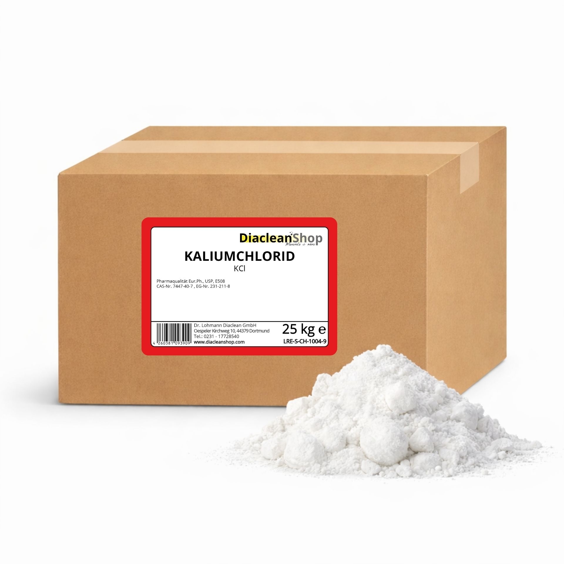 Brauner Karton mit Etikett „Kaliumchlorid 25 kg“ vom Diacleanshop_ daneben ein weisser Kristallhaufen mit groben Brocken