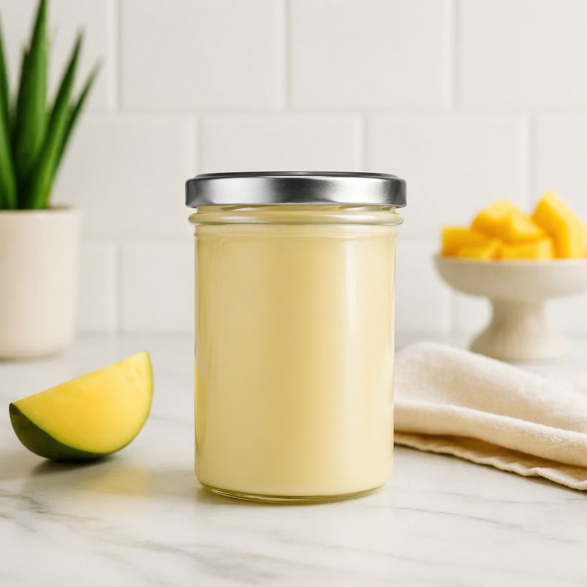 Bio-Mangobutter im Glas auf Marmortisch mit frischen Mangostuecken im Hintergrund