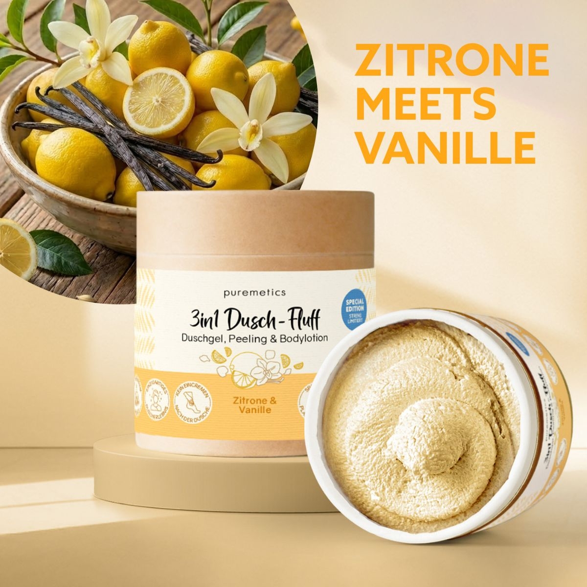 Geoeffneter Dusch-Fluff Zitrone und Vanille mit cremiger gelber Textur