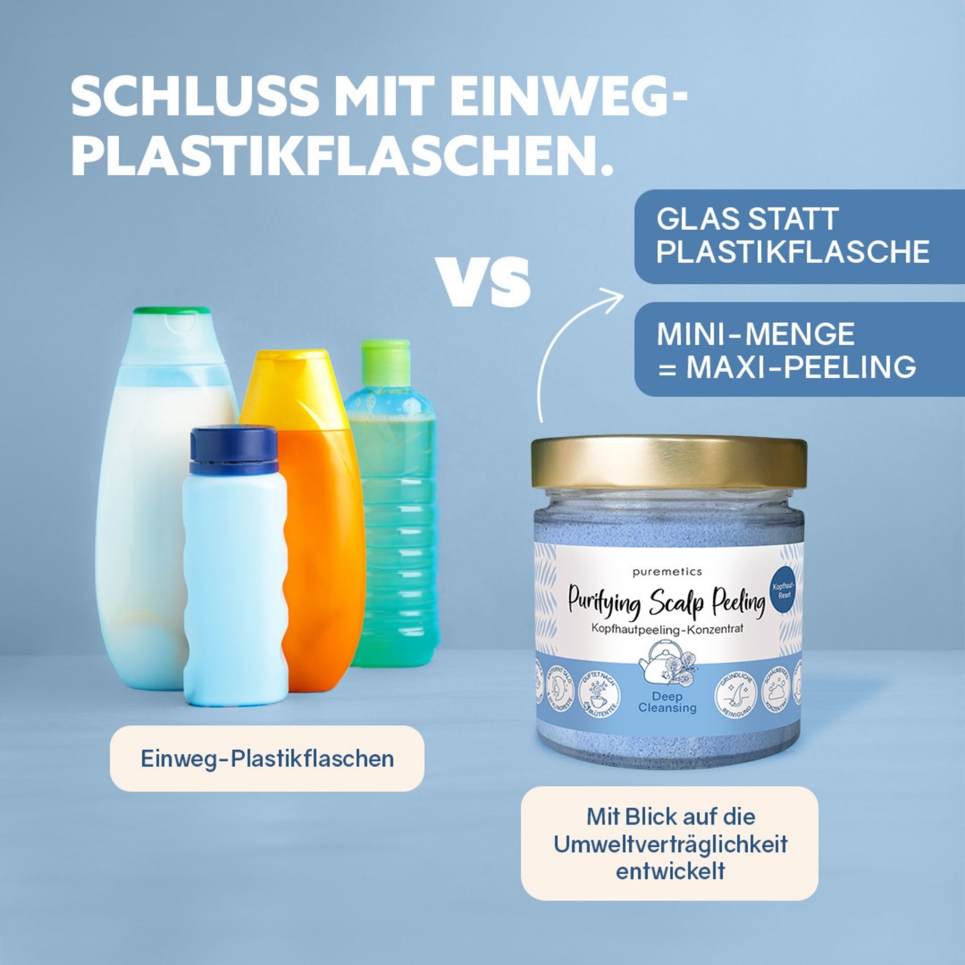 Vergleich zwischen Einweg-Plastikflaschen und nachhaltigem Kopfhautpeeling im Glas