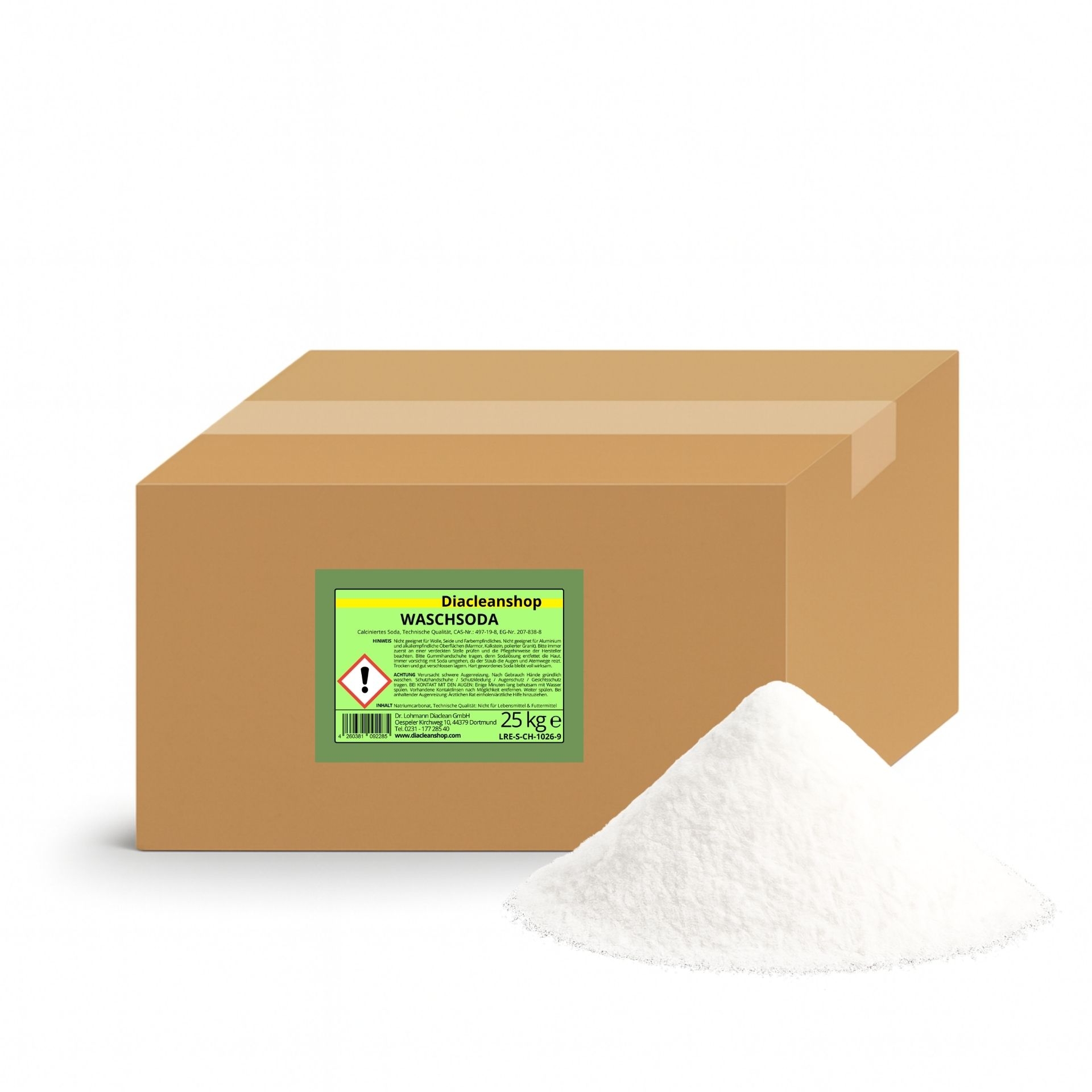 Brauner Karton mit Etikett „Waschsoda 25 kg“ vom Diacleanshop_ daneben ein weisser Pulverhaufen auf weissem Hintergrund