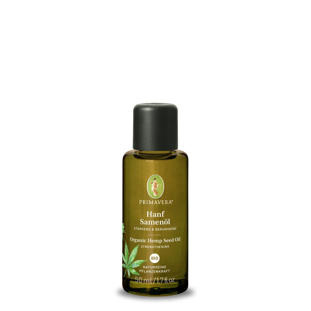 Flasche Primavera Bio Hanfsamenoel 50 ml mit gruenem Deckel und Etikett
