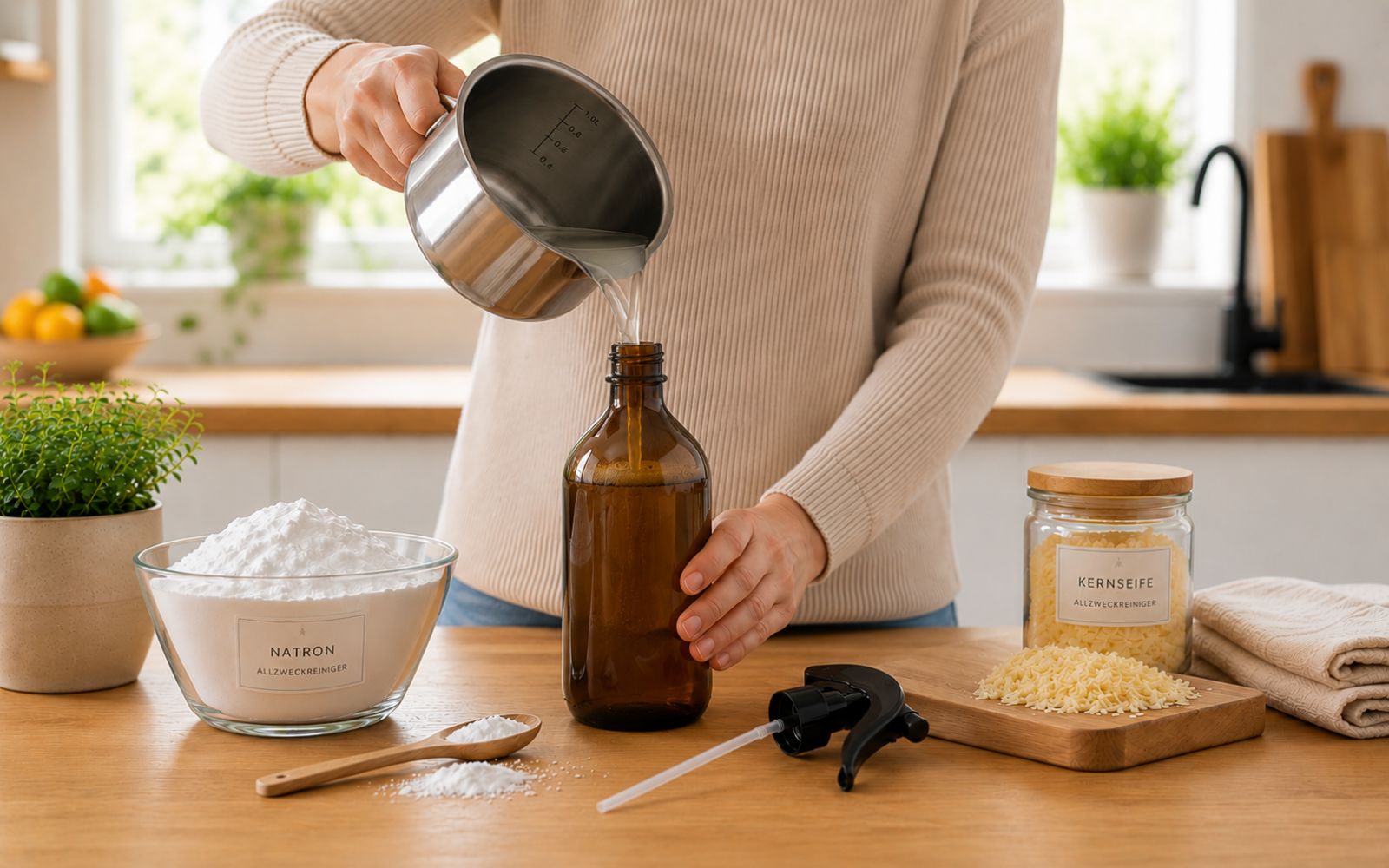 DIY Allzweckreiniger wird in eine Sprühflasche gefüllt