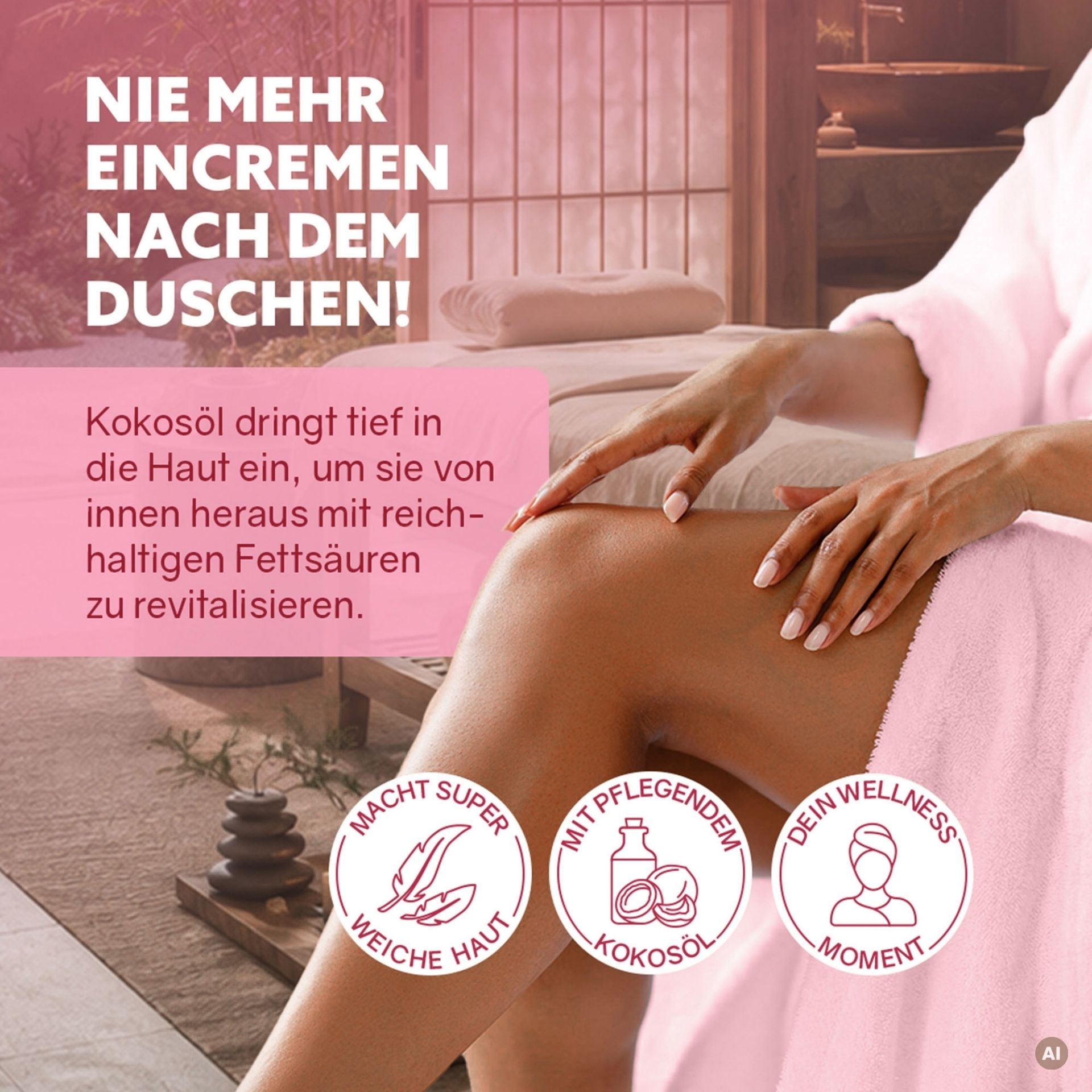 3in1 Dusch-Fluff Geborgenheit mit Hinweis auf Kokosoel und Pflege nach dem Duschen
