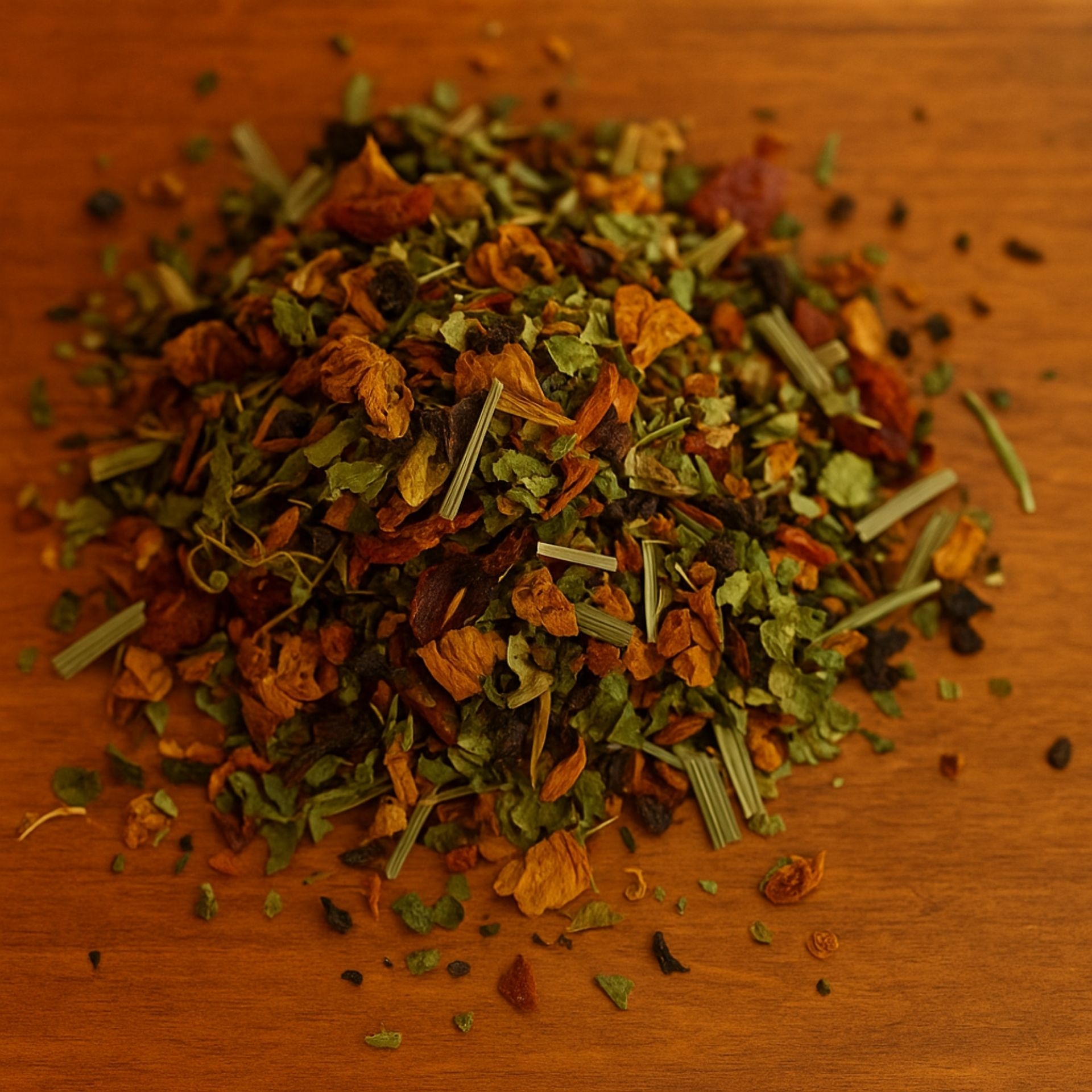 Bunter Wellnesstee lose auf Holztisch_ Mischung aus Kraeutern_ Blueten und Fruechten_ aromatisch und naturbelassen