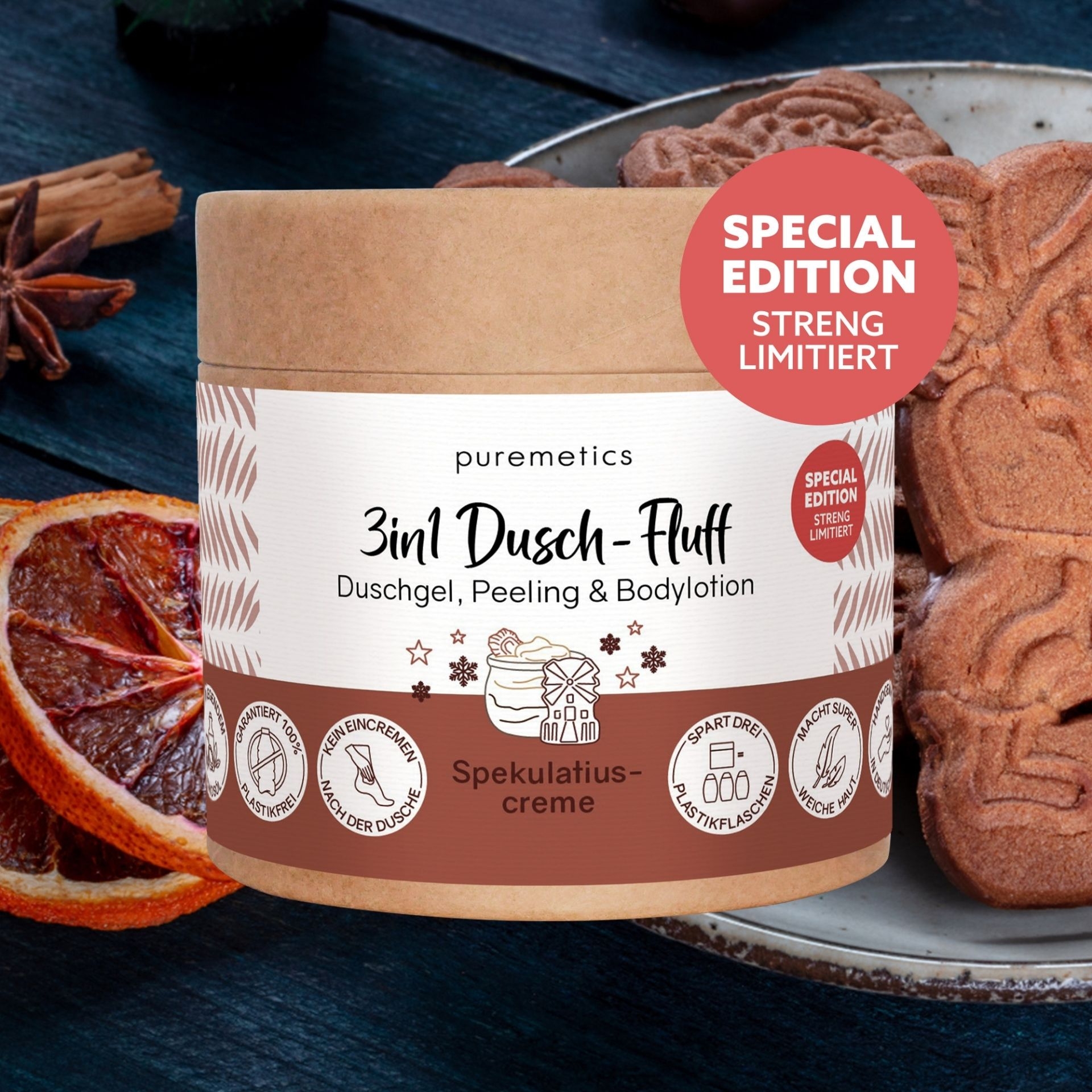 3in1 Dusch-Fluff Spekulatiuscreme Special Edition von puremetics mit Gebaeck und Orangenscheiben