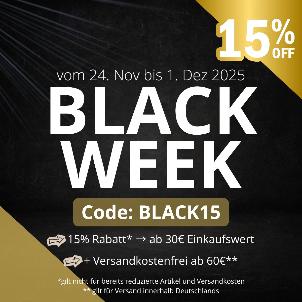 Quadratisches Black Week 2025 Banner mit 15 % Rabatt und Aktionsdetails