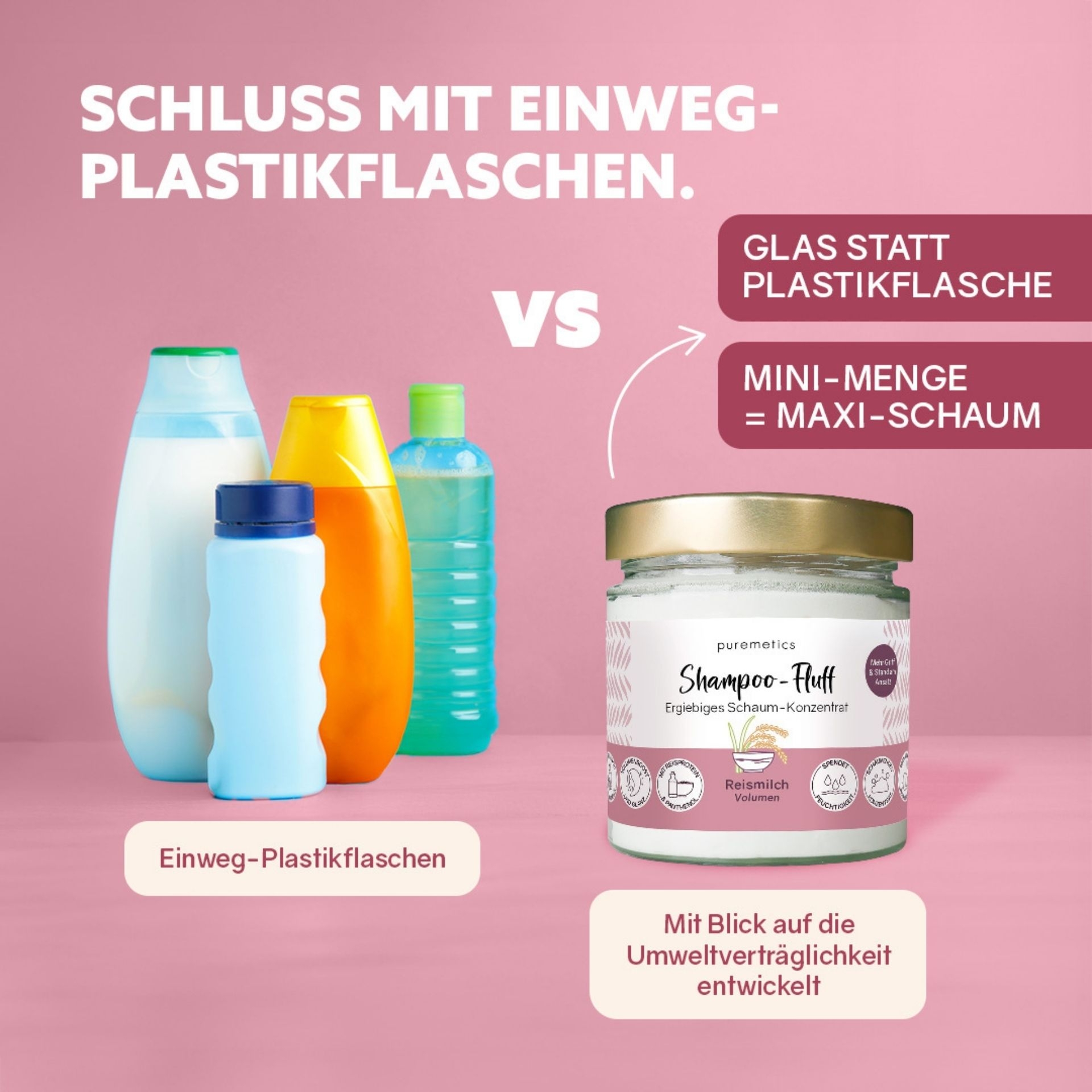 Vergleich zwischen Einweg-Plastikflaschen und Shampoo-Fluff im umweltfreundlichen Glas