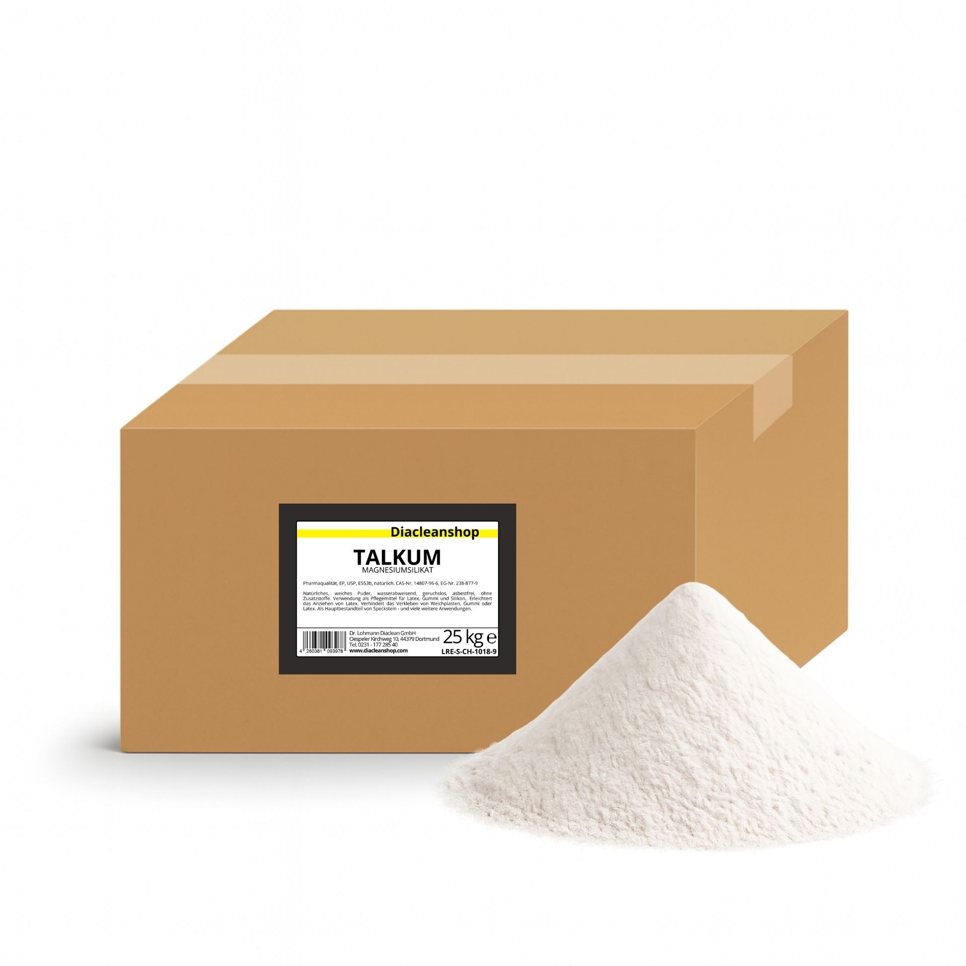 Brauner Karton mit Etikett „Talkum 25 kg“ vom Diacleanshop_ daneben ein weisser Pulverhaufen auf weissem Hintergrund