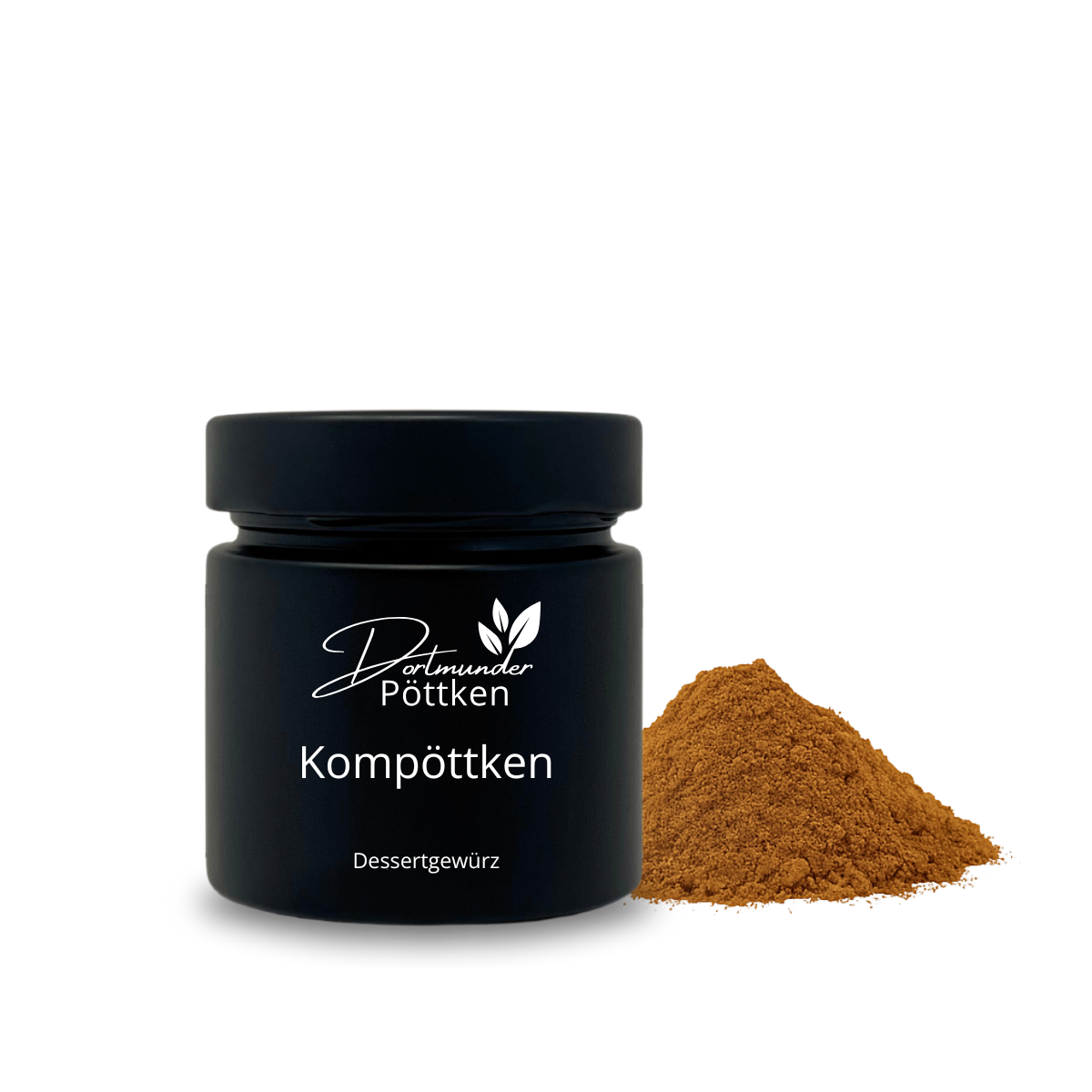 Glas Kompoettken Dessertgewuerz von Dortmunder Poettken mit braunem Gewuerzhaufen daneben