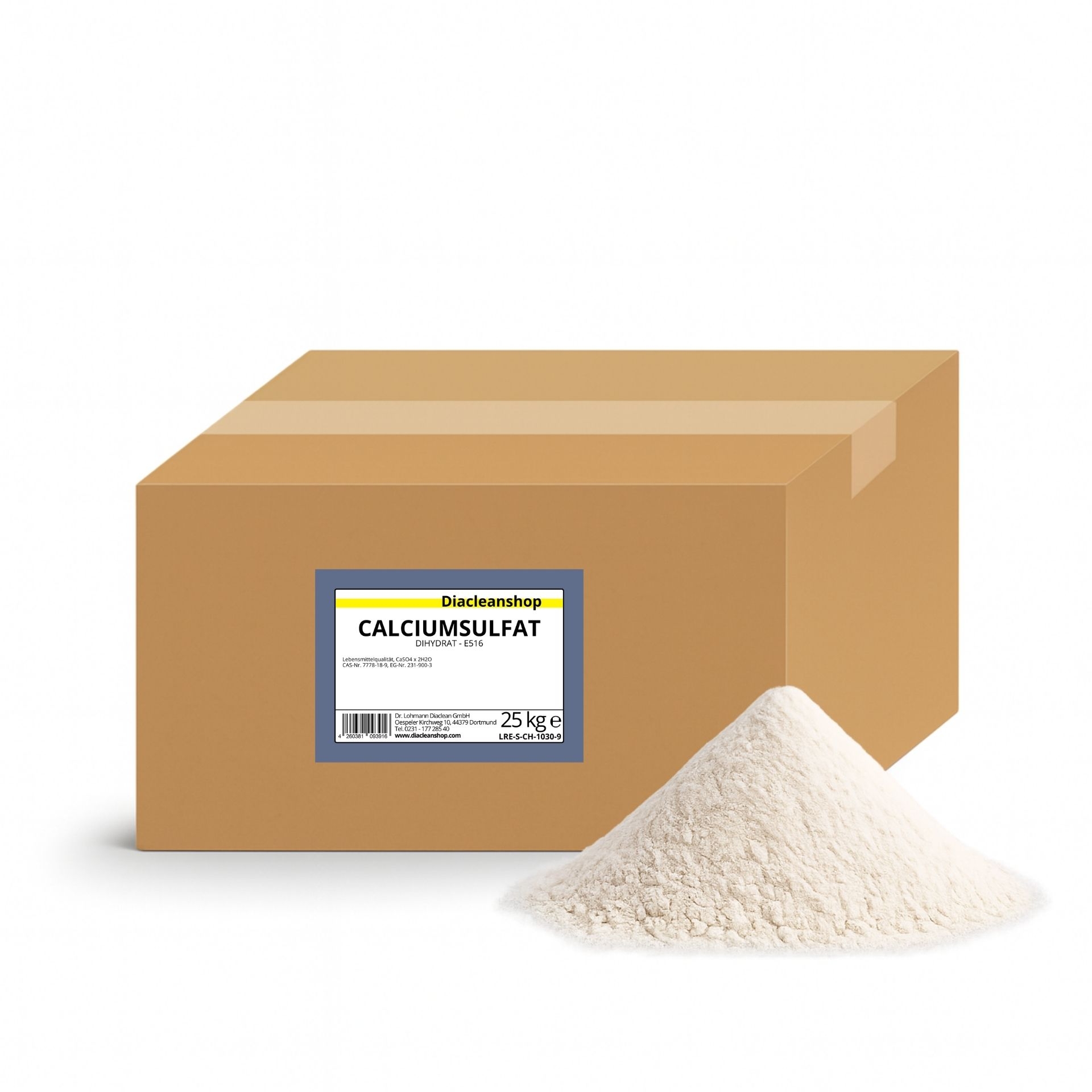 Brauner Karton mit Etikett „Calciumsulfat 25 kg“ vom Diacleanshop_ daneben ein beiger Pulverhaufen auf weissem Hintergrund