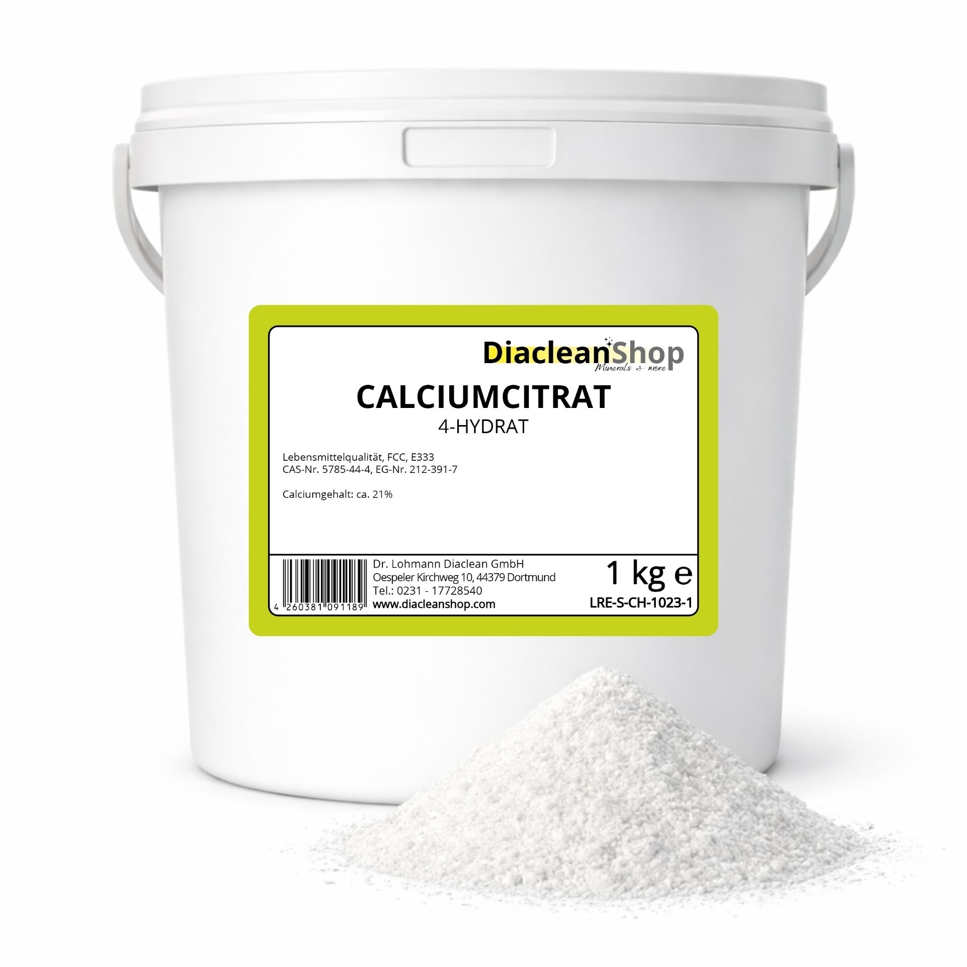Weisser Kunststoffeimer mit gruenem Etikett und der Aufschrift Calciumcitrat 1kg von Diacleanshop