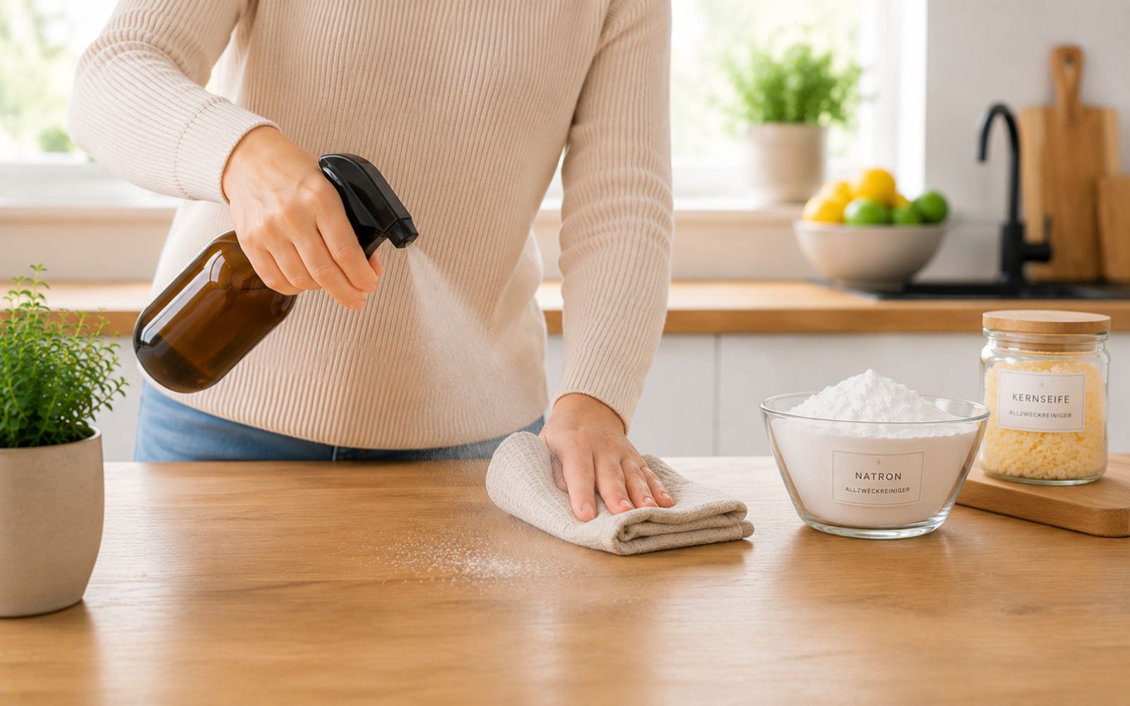 Selbstgemachter Allzweckreiniger wird auf Küchenfläche angewendet