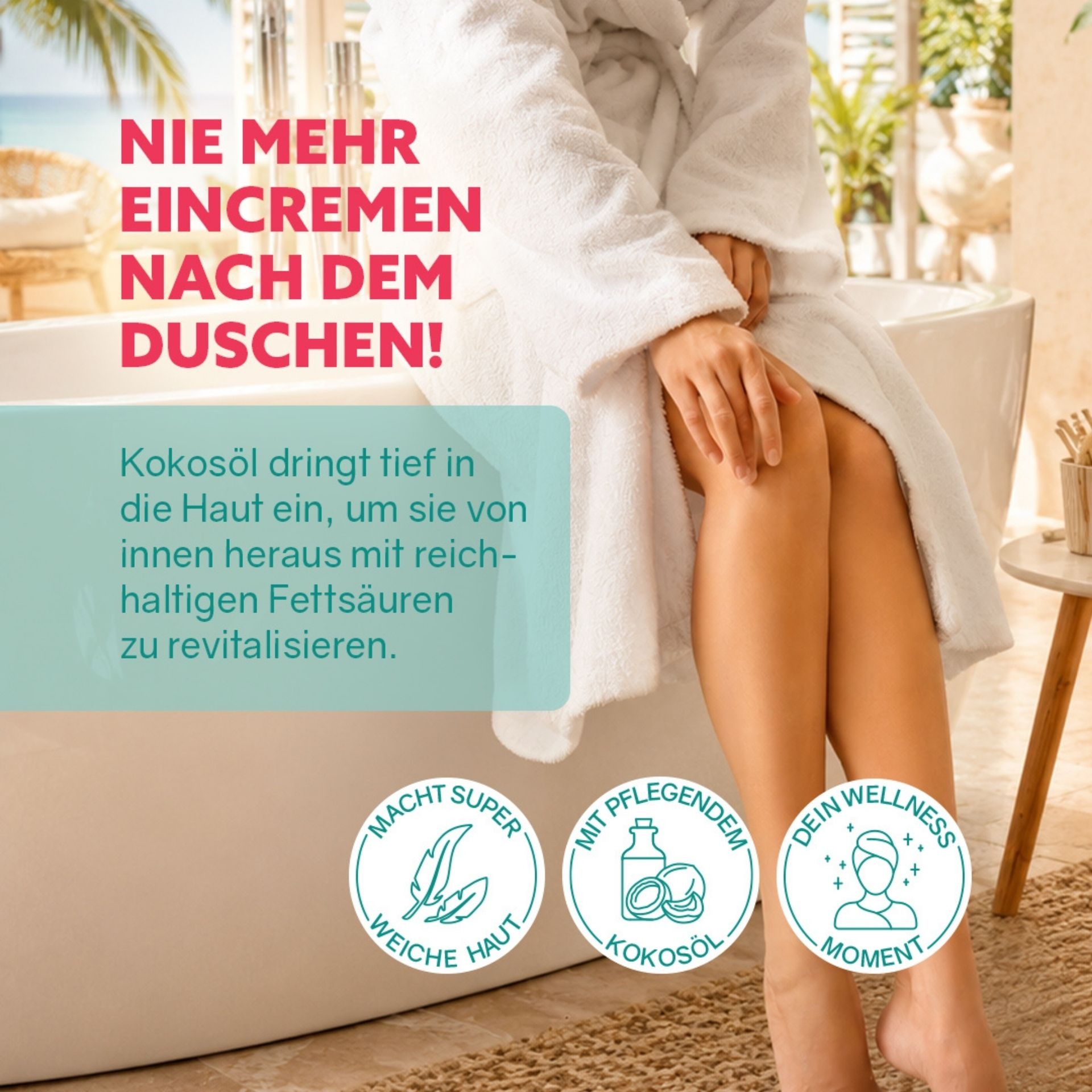 3in1 Dusch-Fluff Tahiti mit pflegendem Kokosoel macht Eincremen nach dem Duschen ueberfluessig