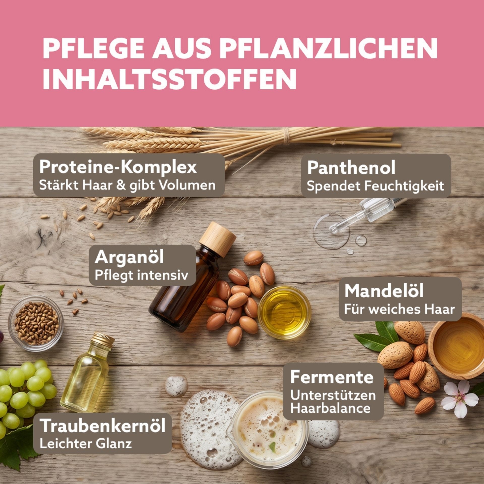 Pflegende Inhaltsstoffe wie Protein-Komplex_ Arganoel und Mandeloel fuer mehr Volumen