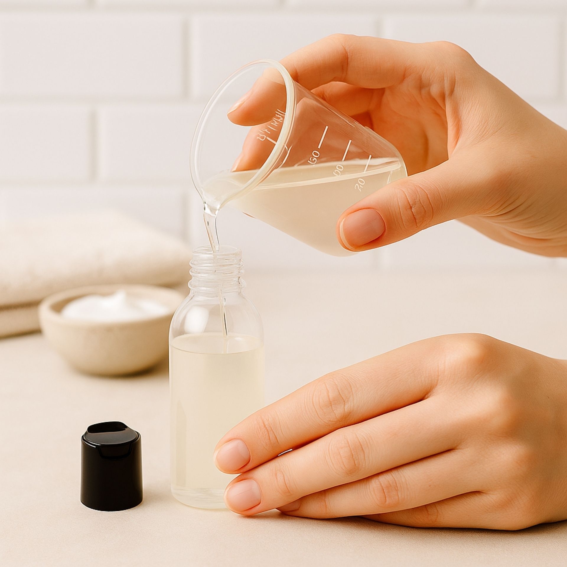 Hand_ die eine Disc-Top R-PET Flasche mit einer Fluessigkeit befuellt