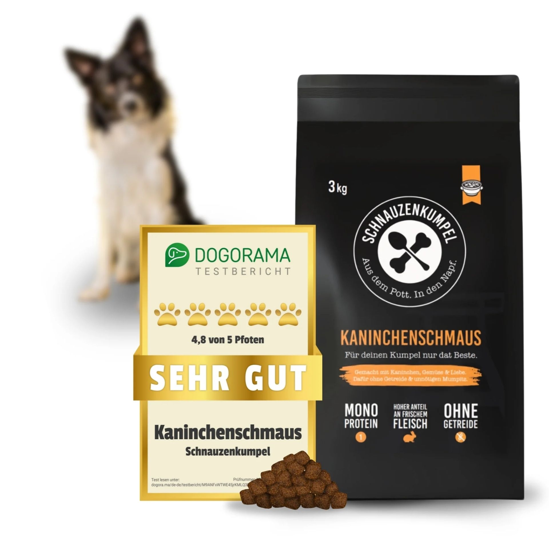 Verpackung des Schnauzenkumpel Kaninchenschmaus 3 kg Trockenfutters mit Dogorama Testsiegel Sehr Gut