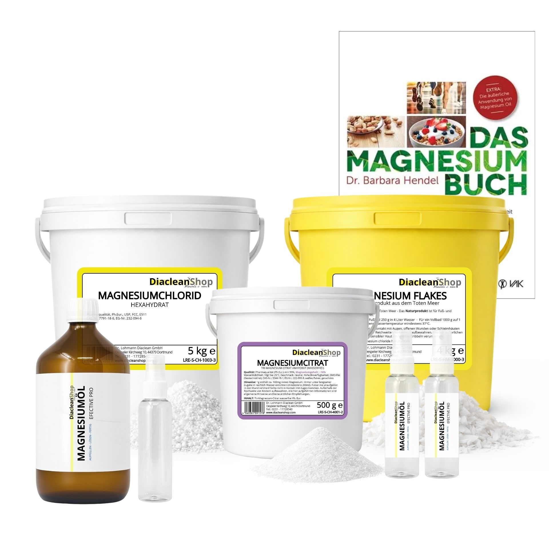 Magnesium Experten Set mit Magnesiumchlorid_ Magnesium Flakes_ Magnesiumoel_ Spruehflaschen und Magnesiumbuch