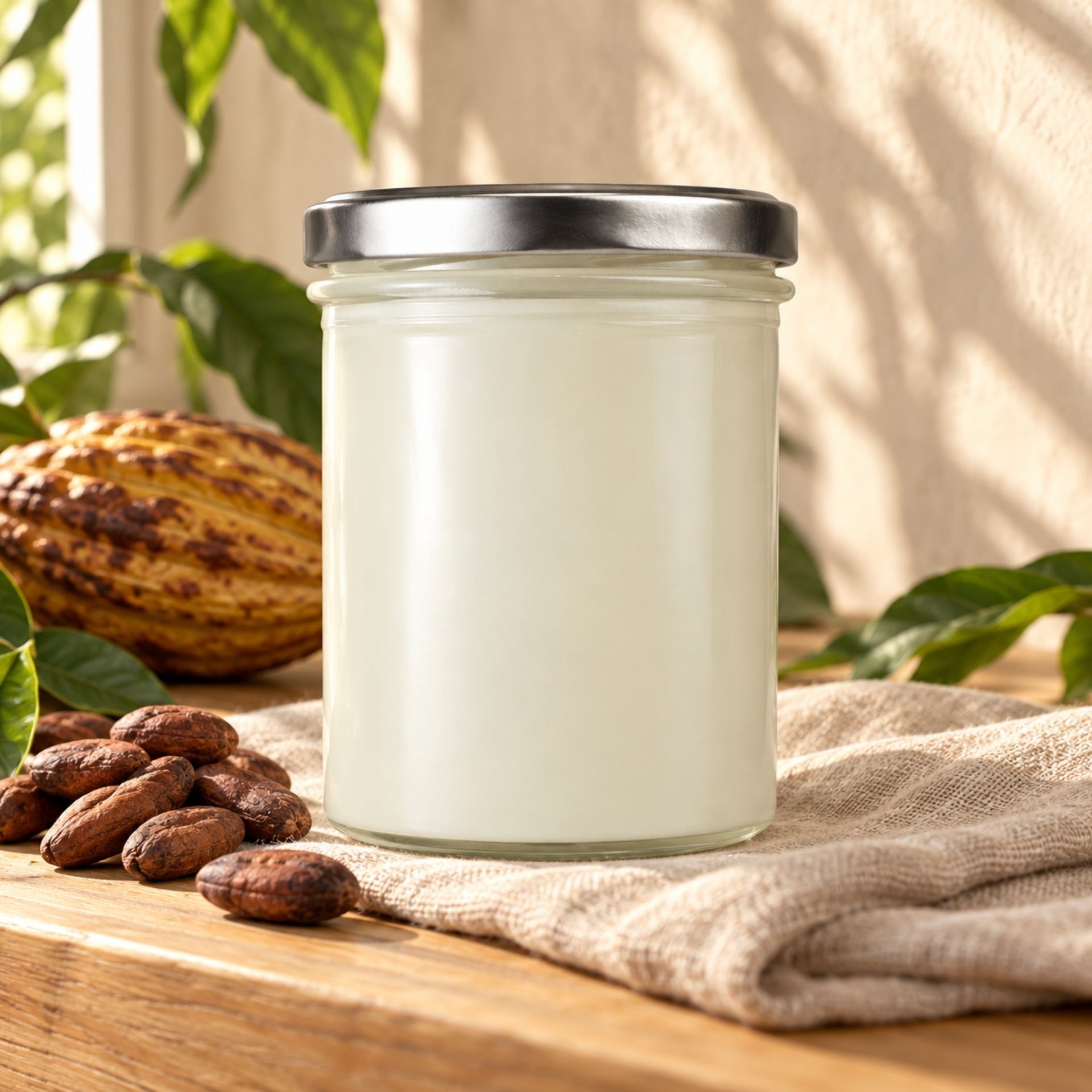 Reine Bio Kakaobutter 350 ml im Glas mit Kakaofrucht_ Kakaobohnen und Leinentuch