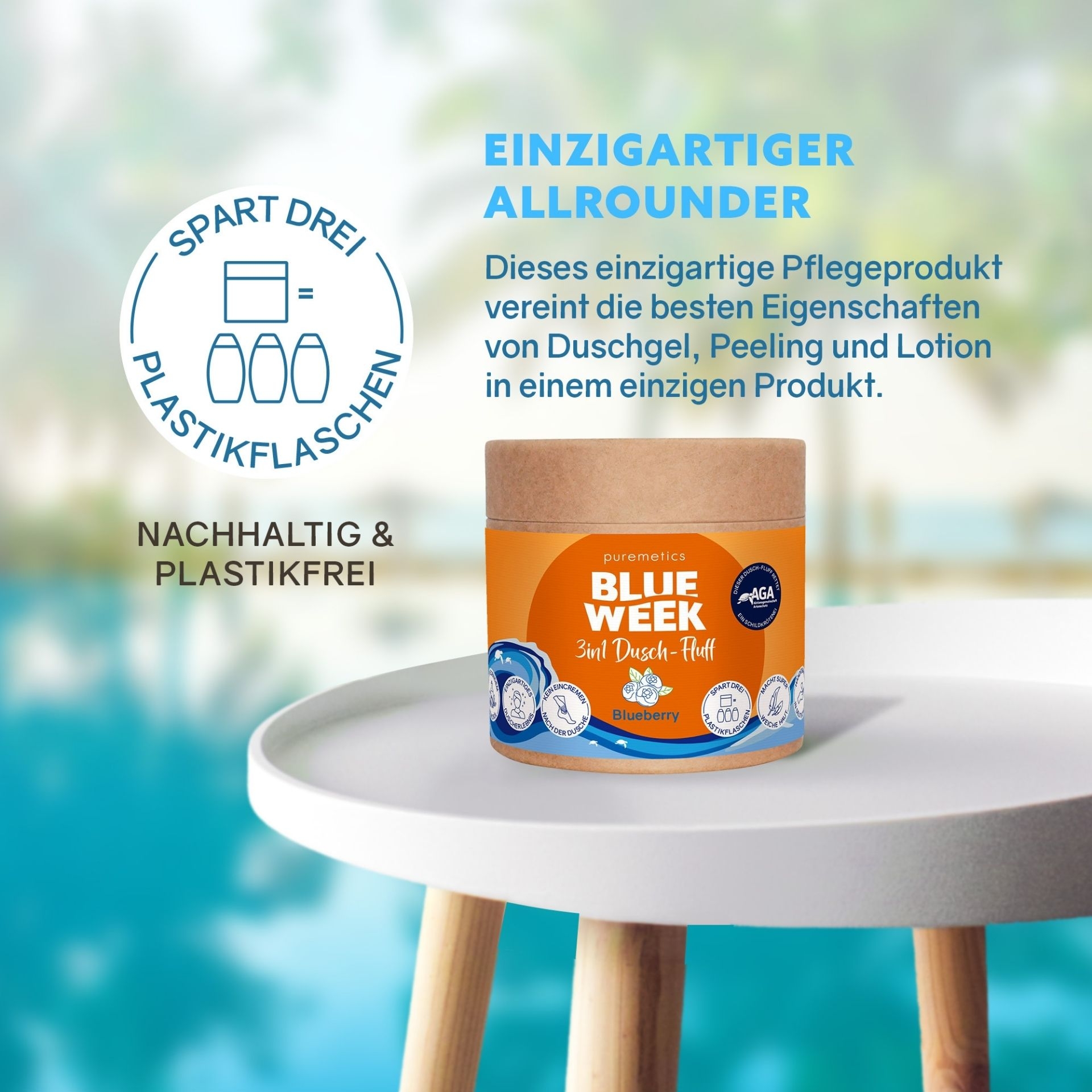 Duschfluff Blue Week Blueberry auf Tisch_ nachhaltige plastikfreie Pflegeedition