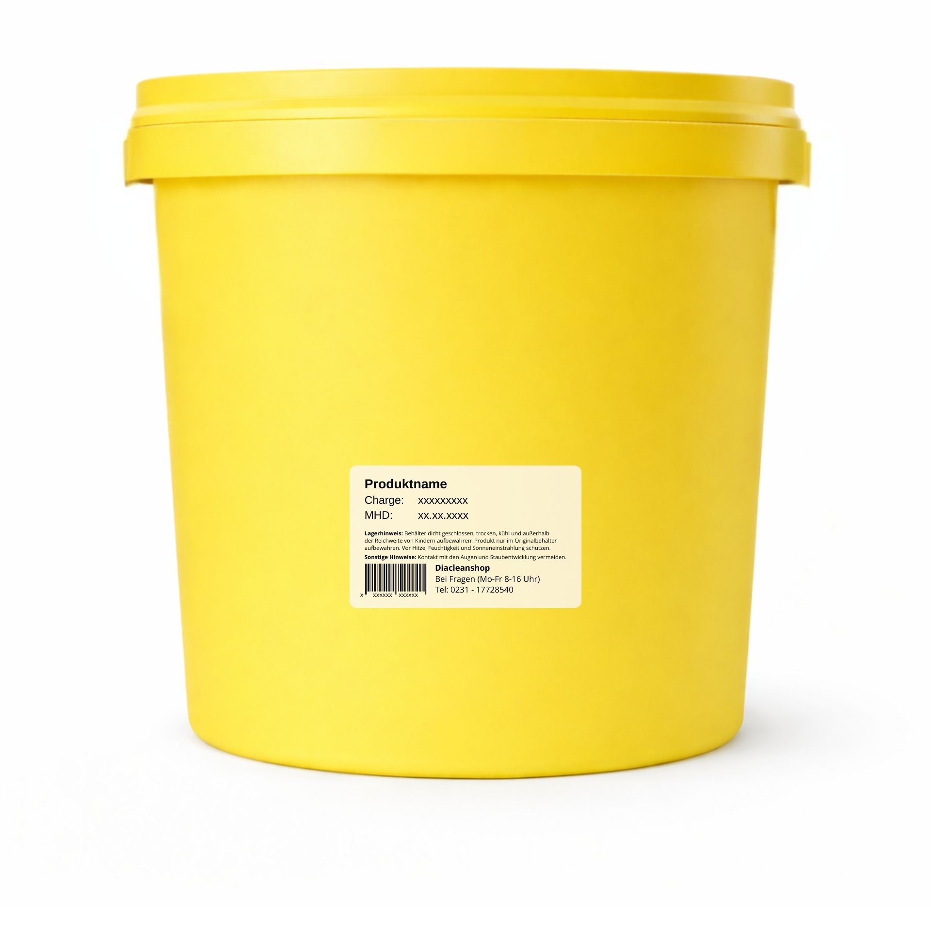 Rueckseite gelber Eimer mit Chargenetikett von Magnesium Flakes