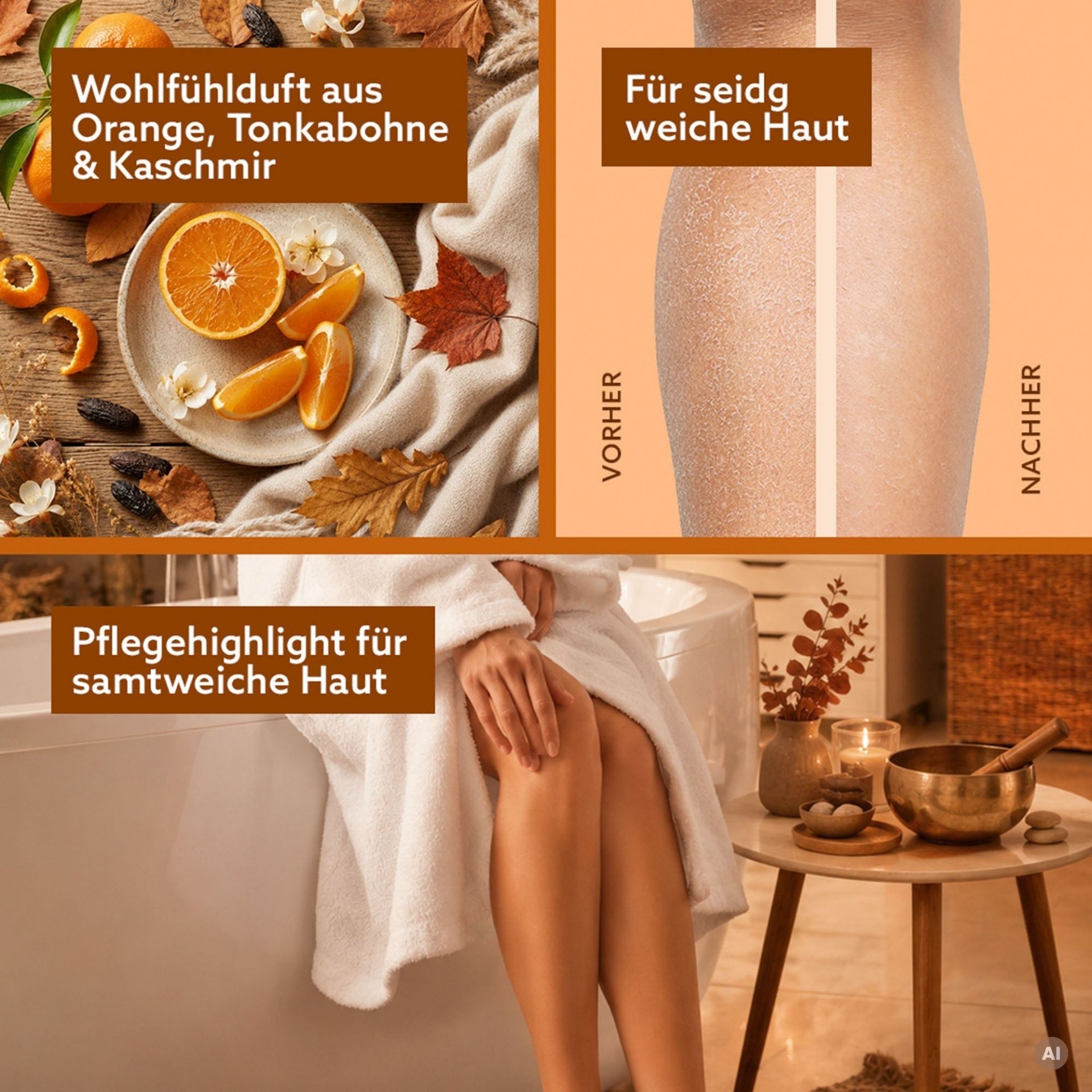 3in1 Dusch-Fluff Balance mit Orange_ Tonkabohne und Kaschmir sowie Vorher-Nachher-Darstellung