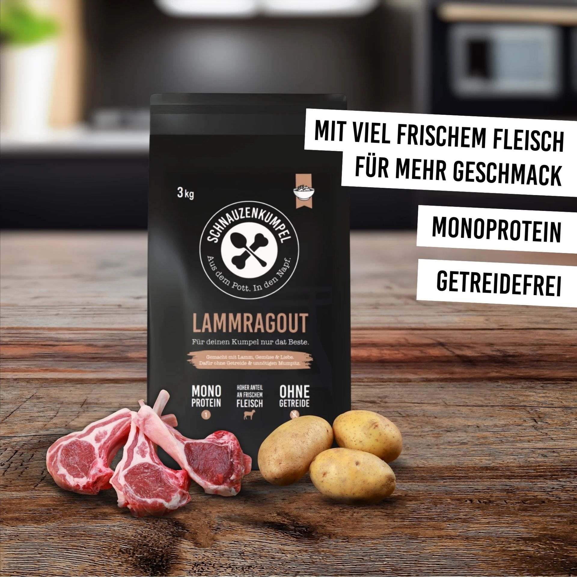 Schnauzenkumpel Lammragout 3 kg mit frischem Lamm und Kartoffeln sowie den Vorteilen Monoprotein und getreidefrei