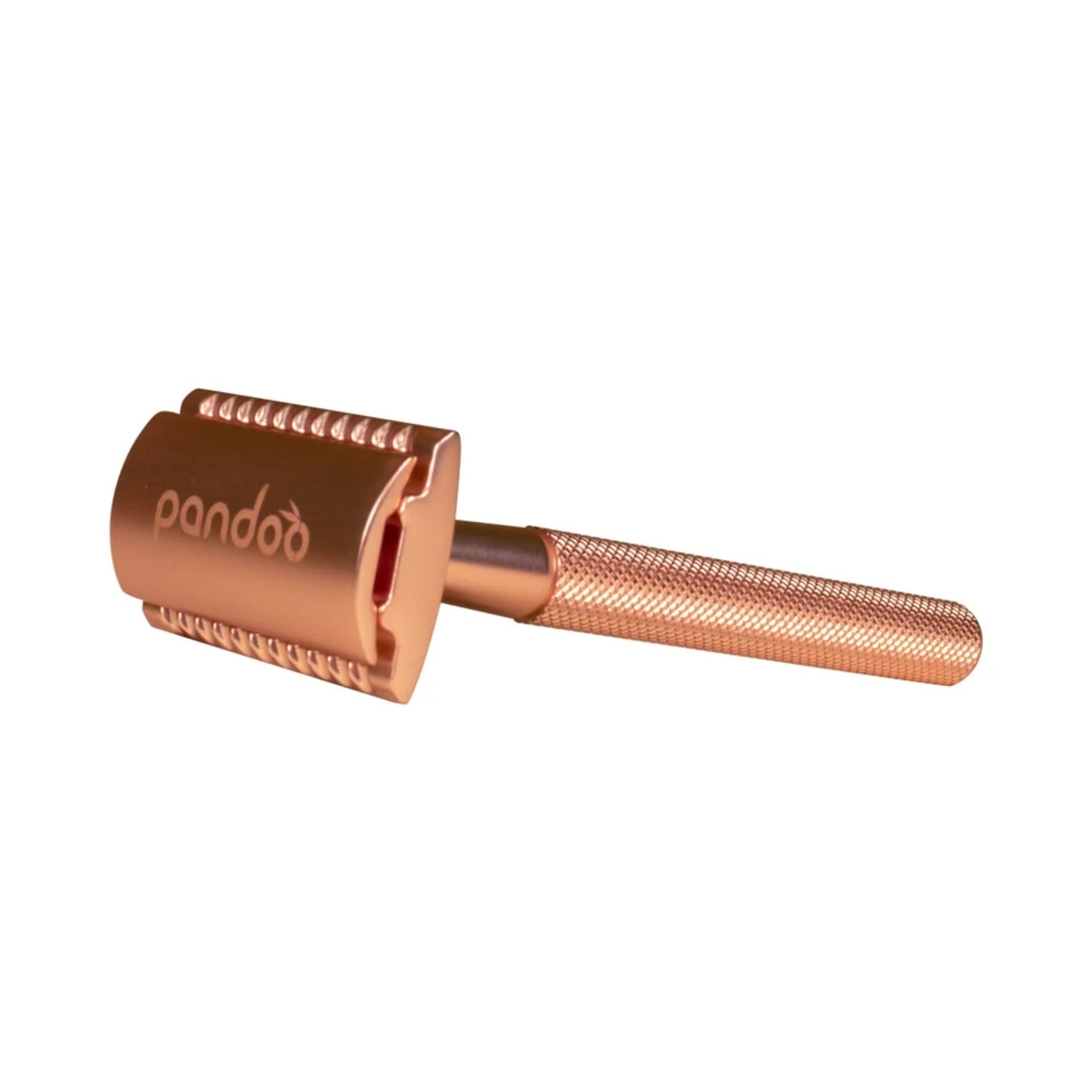 pandoo Rasierhobel Roségold mit geriffeltem Metallgriff auf weissem Hintergrund