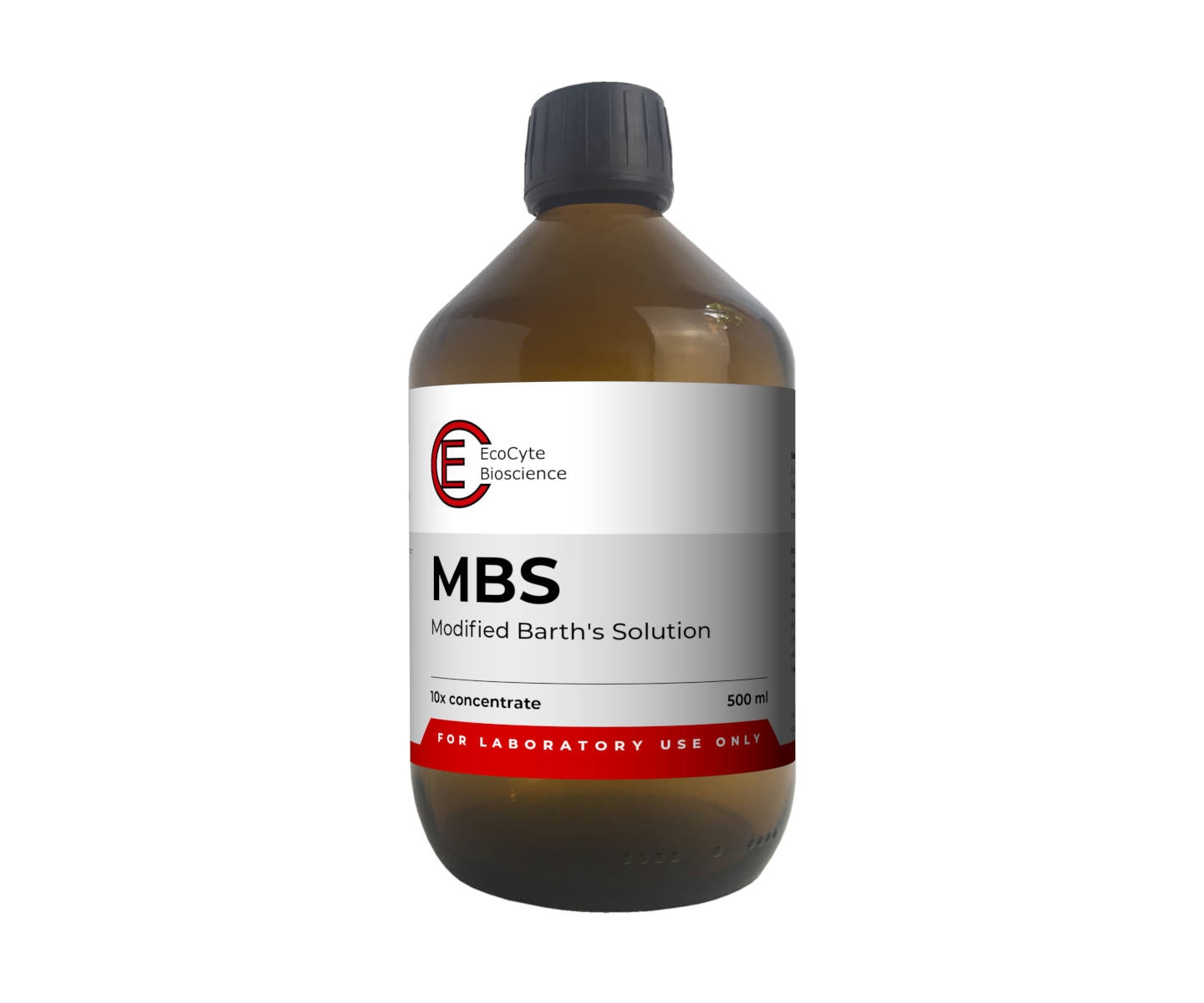 Eine braune 500ml Laborflaschen MBS mit weiss-rotem Etikett von EcoCyte Bioscience