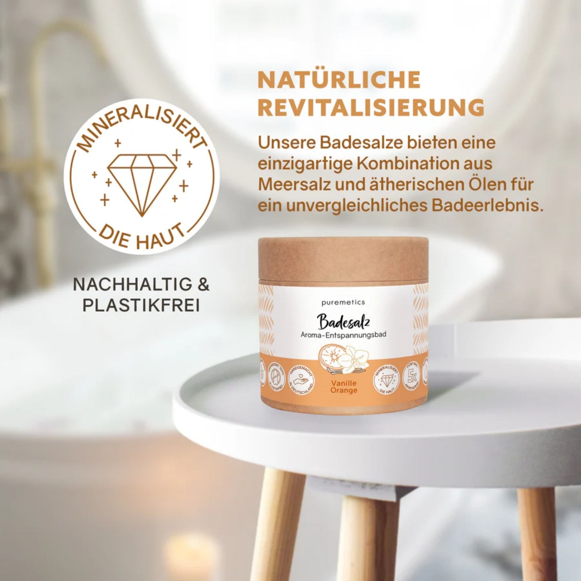 Badesalz Vanille Orange mit Hinweis auf natuerliche Revitalisierung und plastikfreie Verpackung