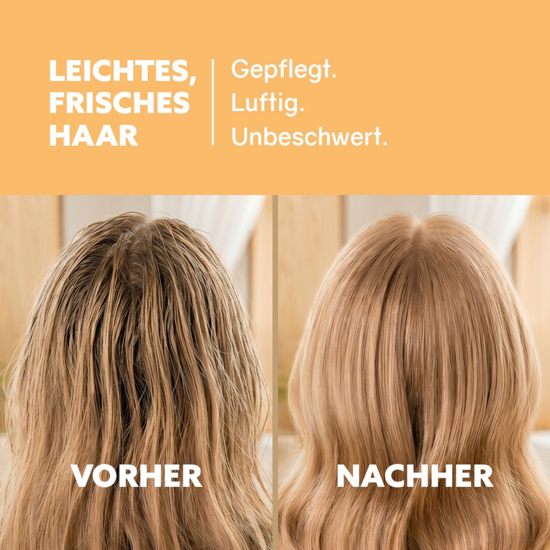 Vorher-Nachher Vergleich von Haaren nach Anwendung der Zitrone Orange Conditioner-Cream