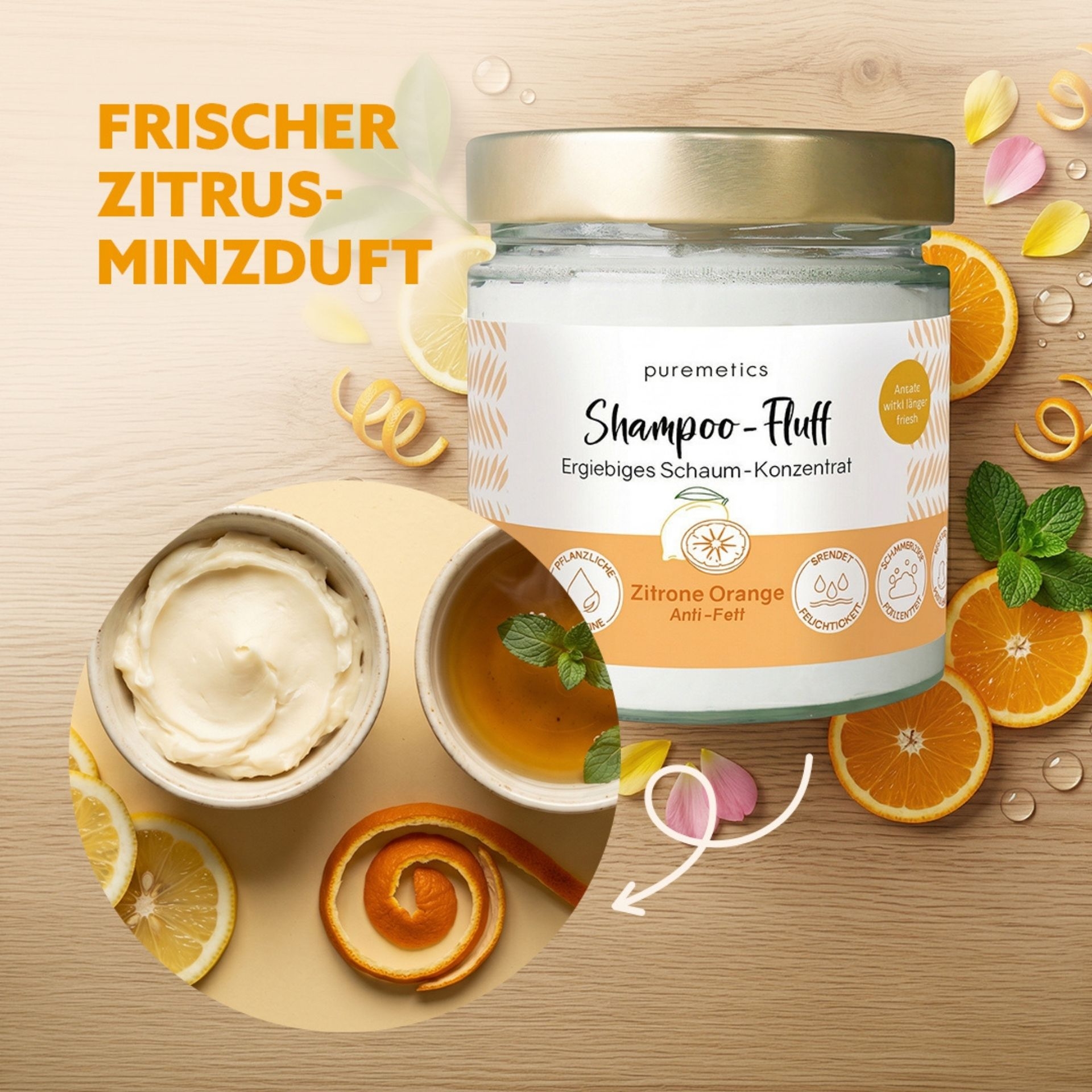Shampoo-Fluff mit frischem Duft aus Zitrone_ Orange und Minze im Glas