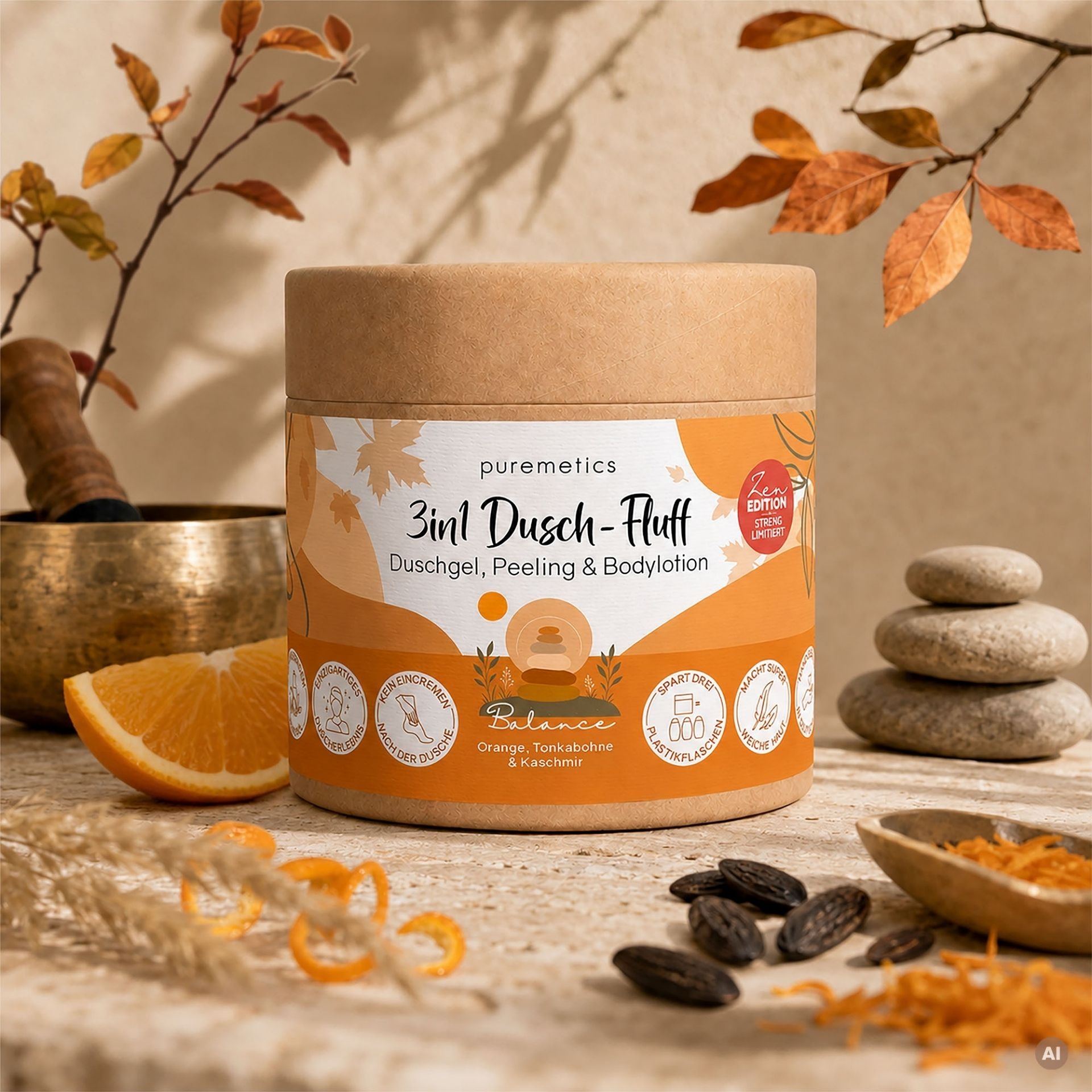 3in1 Dusch-Fluff Balance mit Orange_ Tonkabohne und Kaschmir in herbstlicher Wellness-Szene