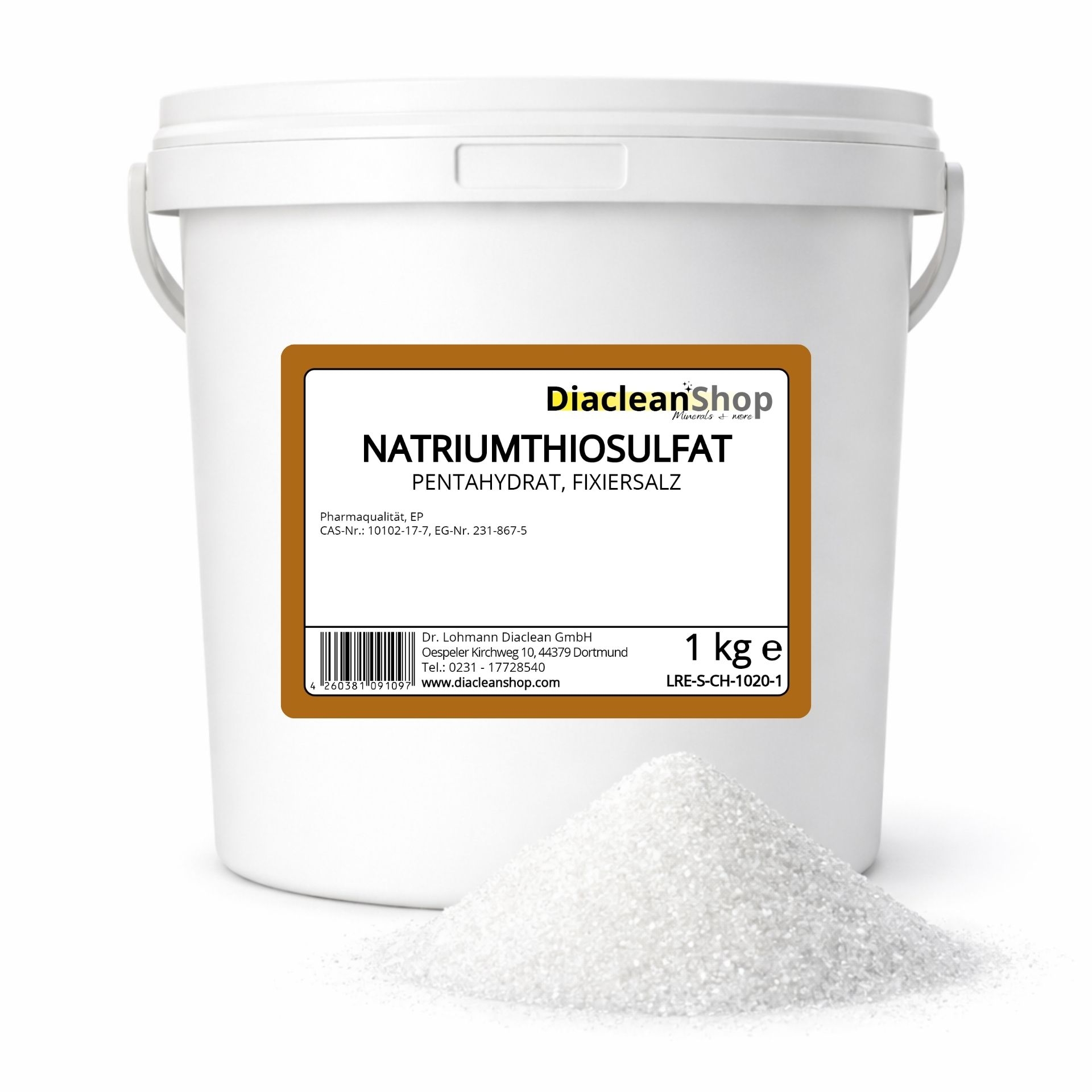 Weisser Kunststoffeimer mit Etikett Natriumthiosulfat Pentahydrat 1kg von Diacleanshop