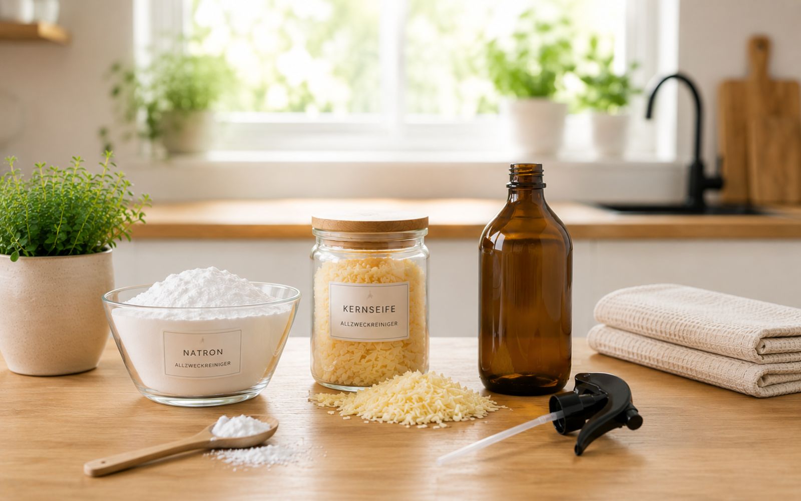 Zutaten für DIY Allzweckreiniger mit Natron Kernseife und Sprühflasche