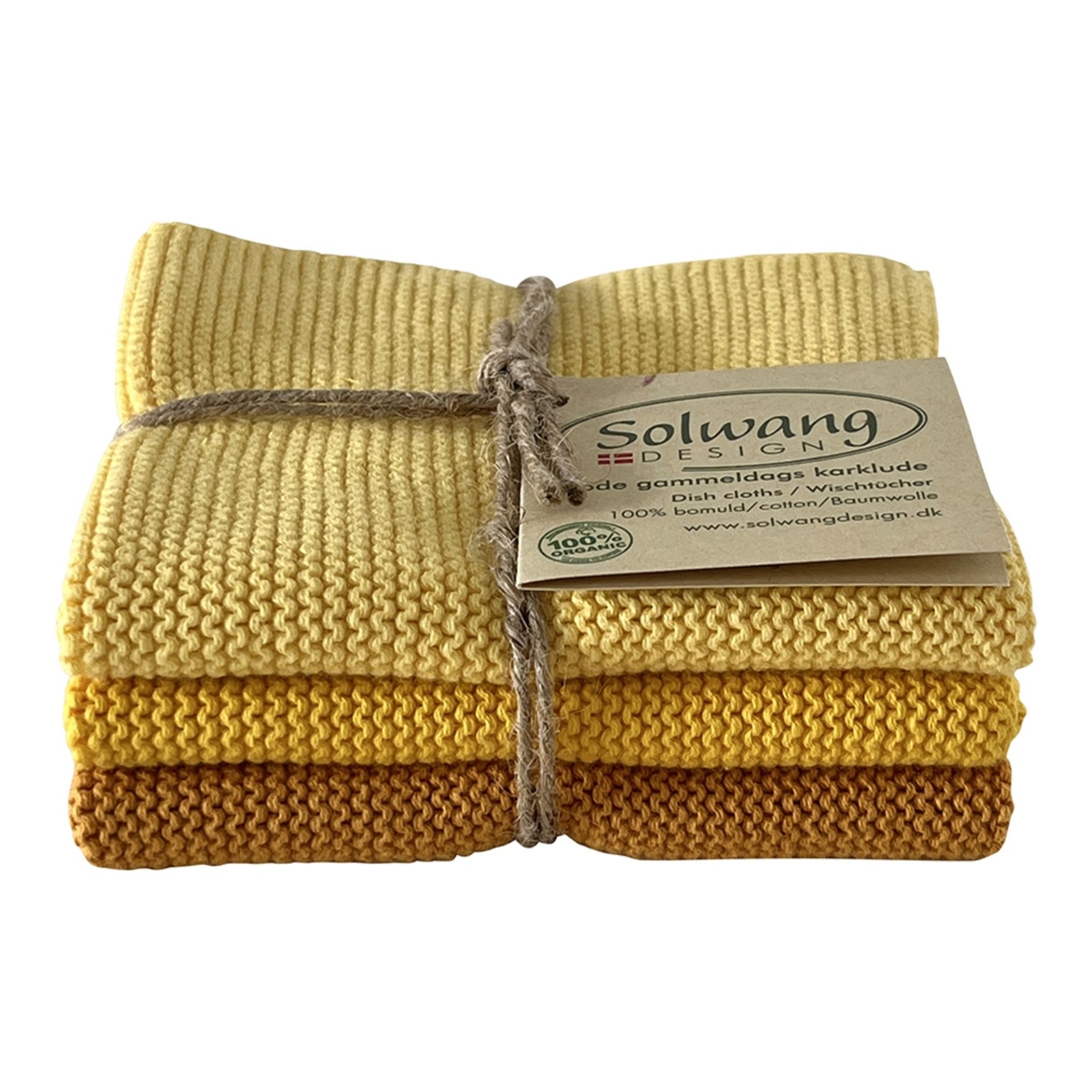 3 gestrickte Solwang Wischtuecher in Gelbtoenen als 3er Set mit Banderole aus 100% Baumwolle