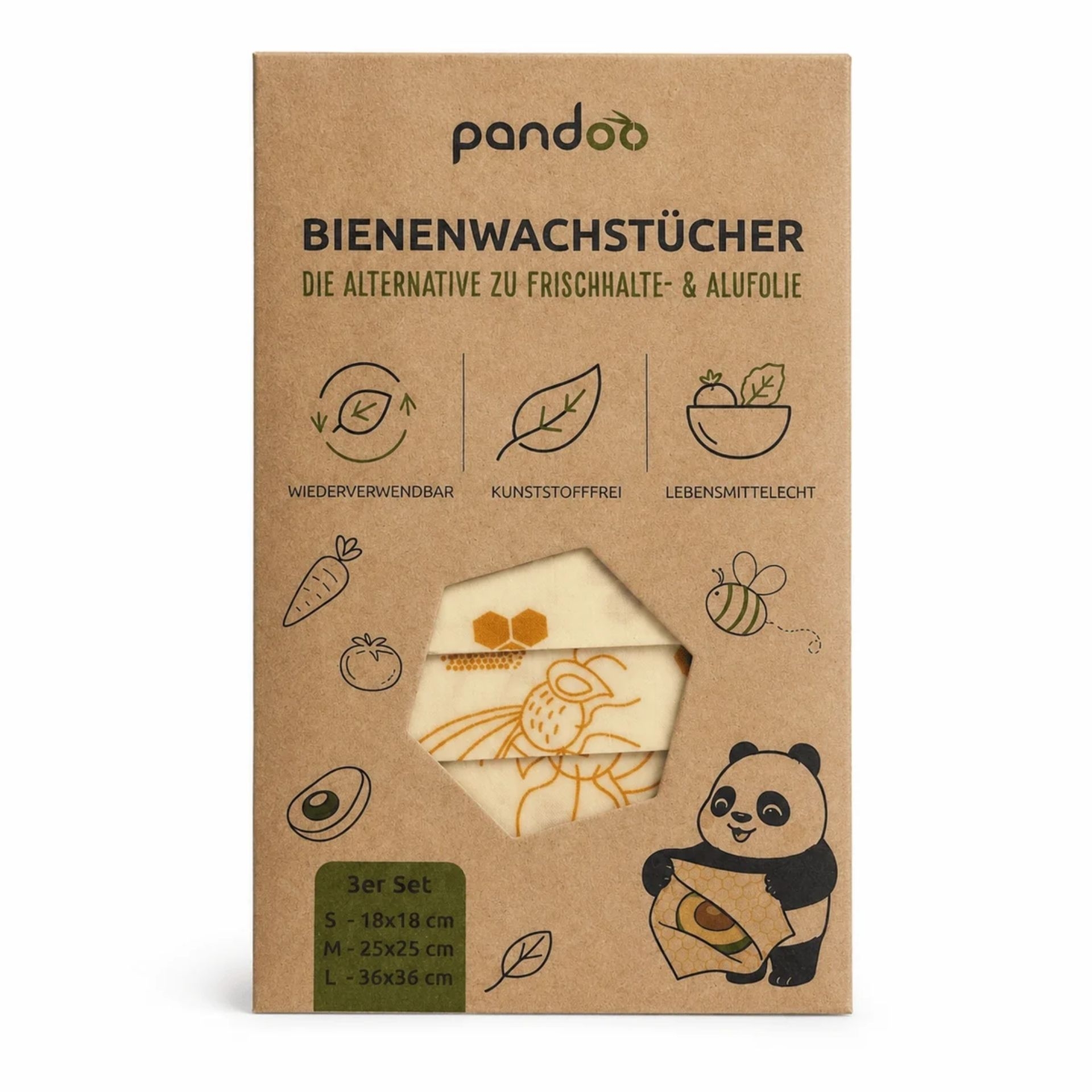 pandoo Bienenwachstuecher 3er Set in der Verpackung mit Angaben zu Groessen und Eigenschaften