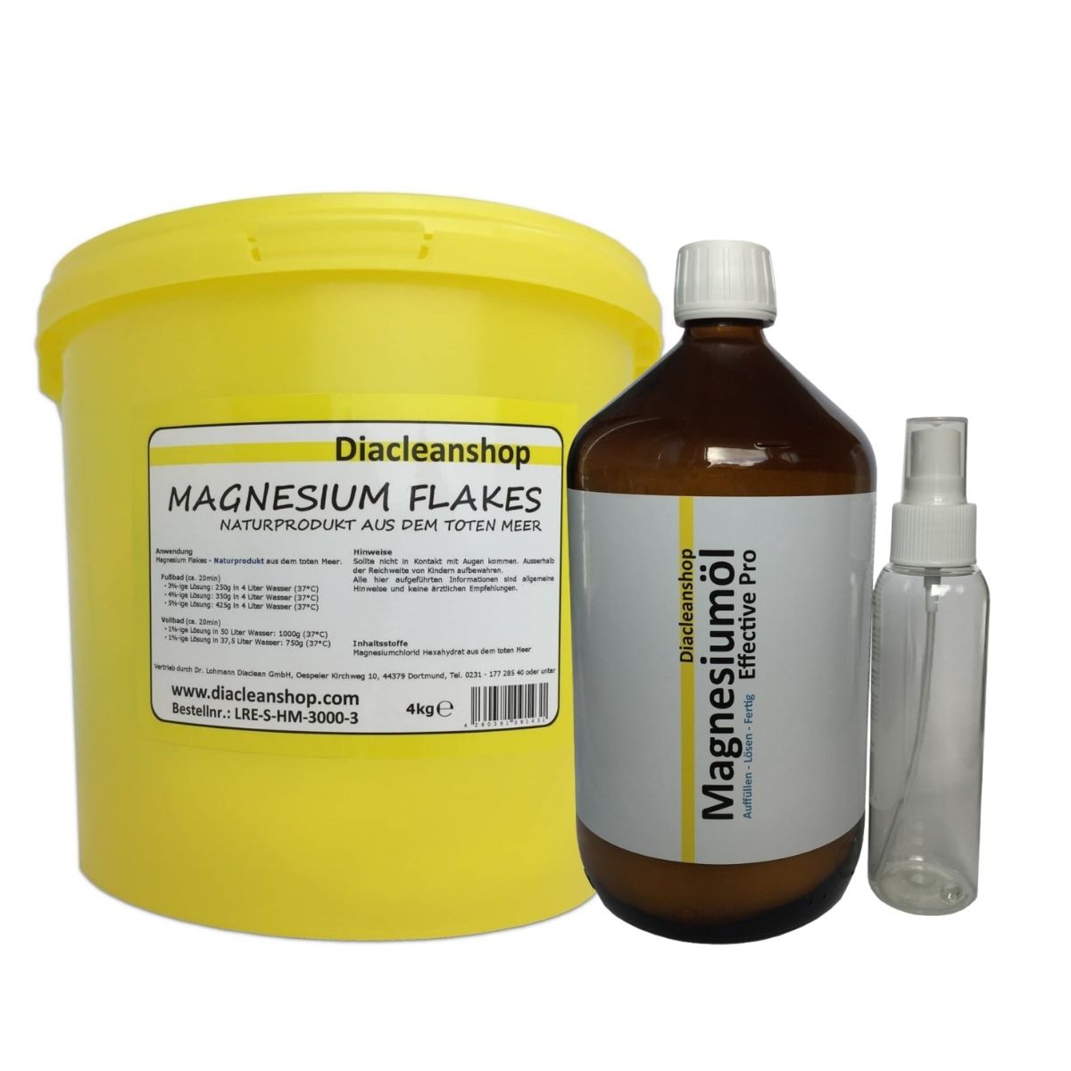 Magnesiumchlorid-SET mit 1000ml Magnesiumöl, Sprayflasche & 4Kg Magnesium Flakes Totes Meer