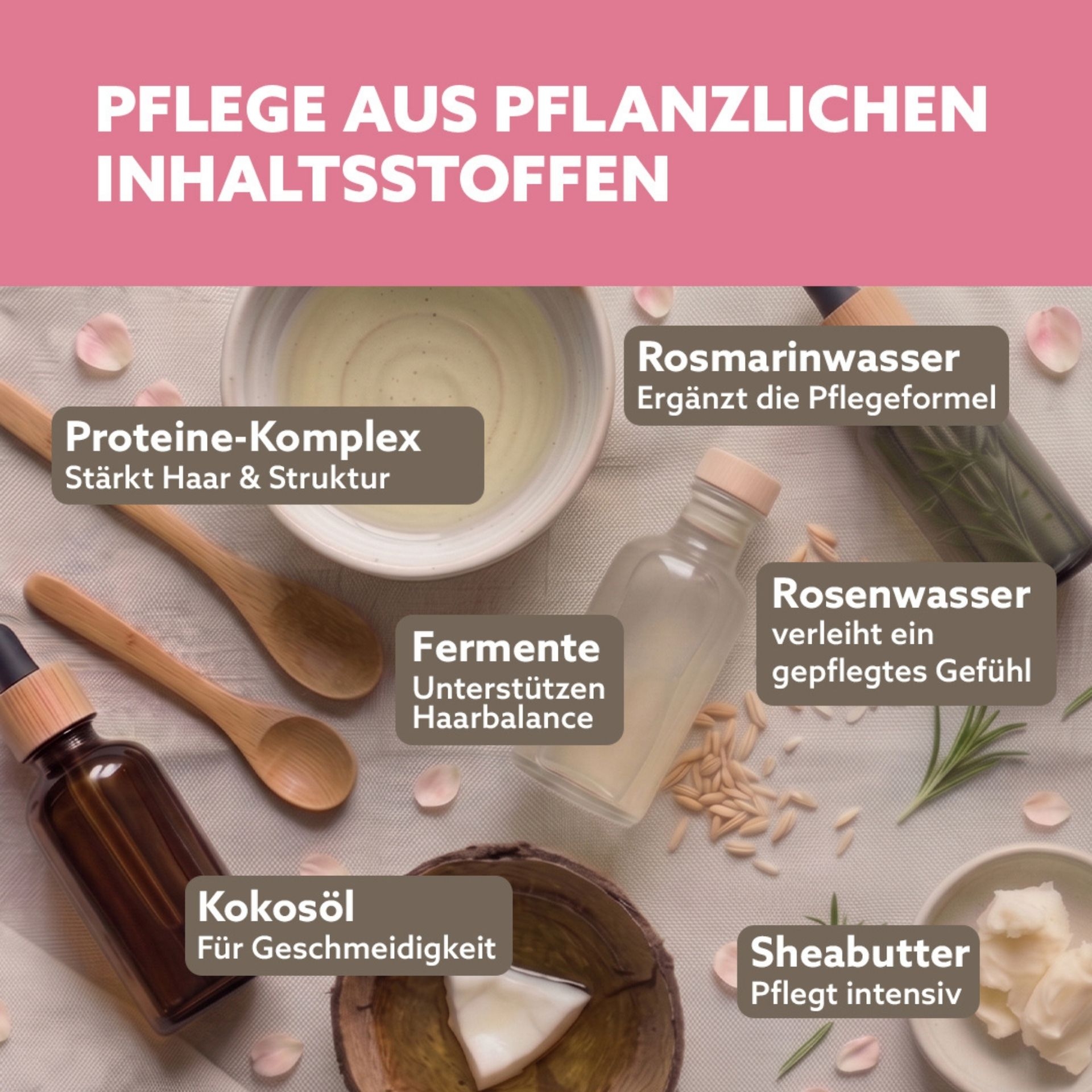 Pflanzliche Inhaltsstoffe wie Sheabutter_ Kokosoel und Rosenwasser fuer Haarpflege dargestellt